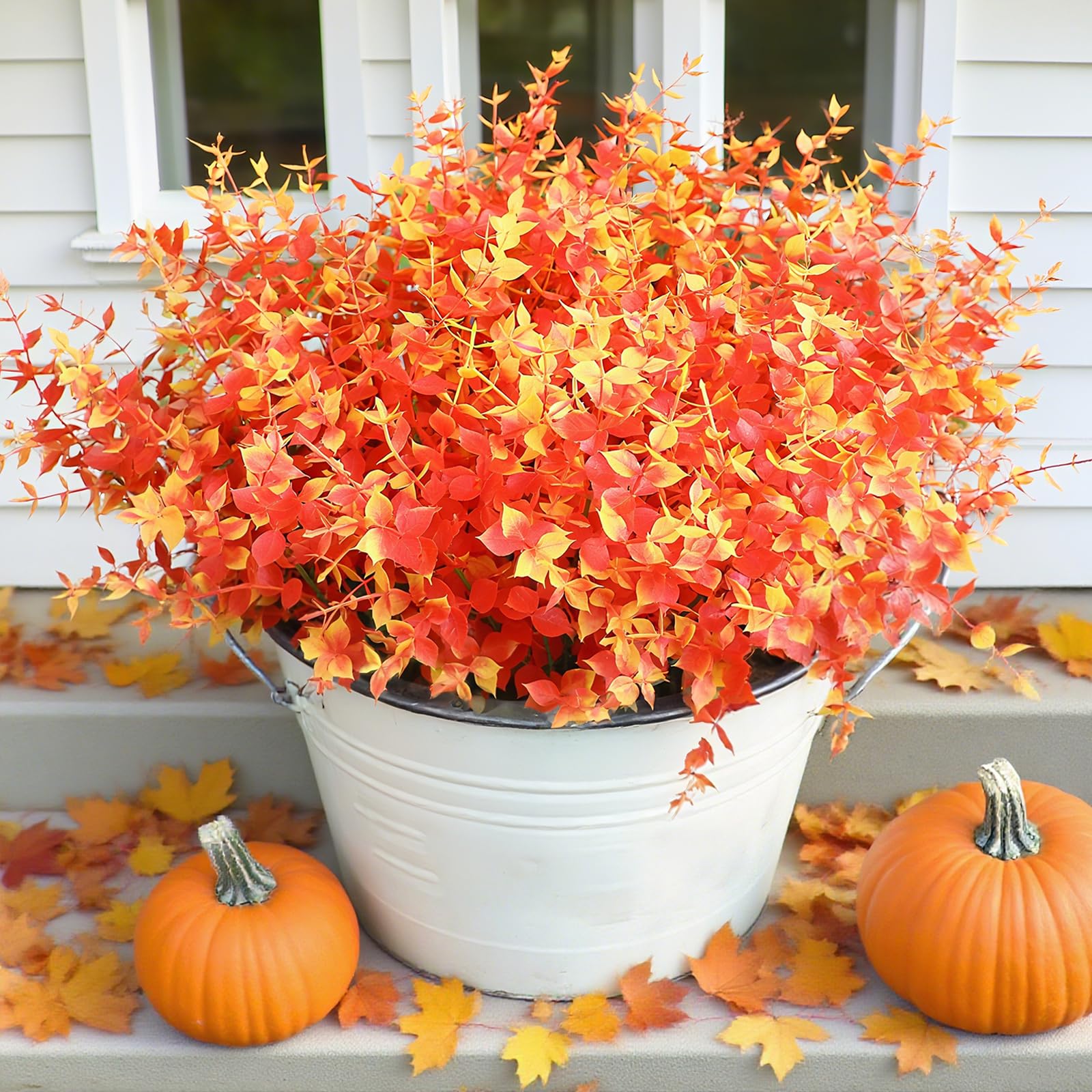 inreeme Autumn Artificial Plants Eucalyptus, 12 Pcs Outdoor Orange Autumn Fake Eucalyptus Stems Leaves