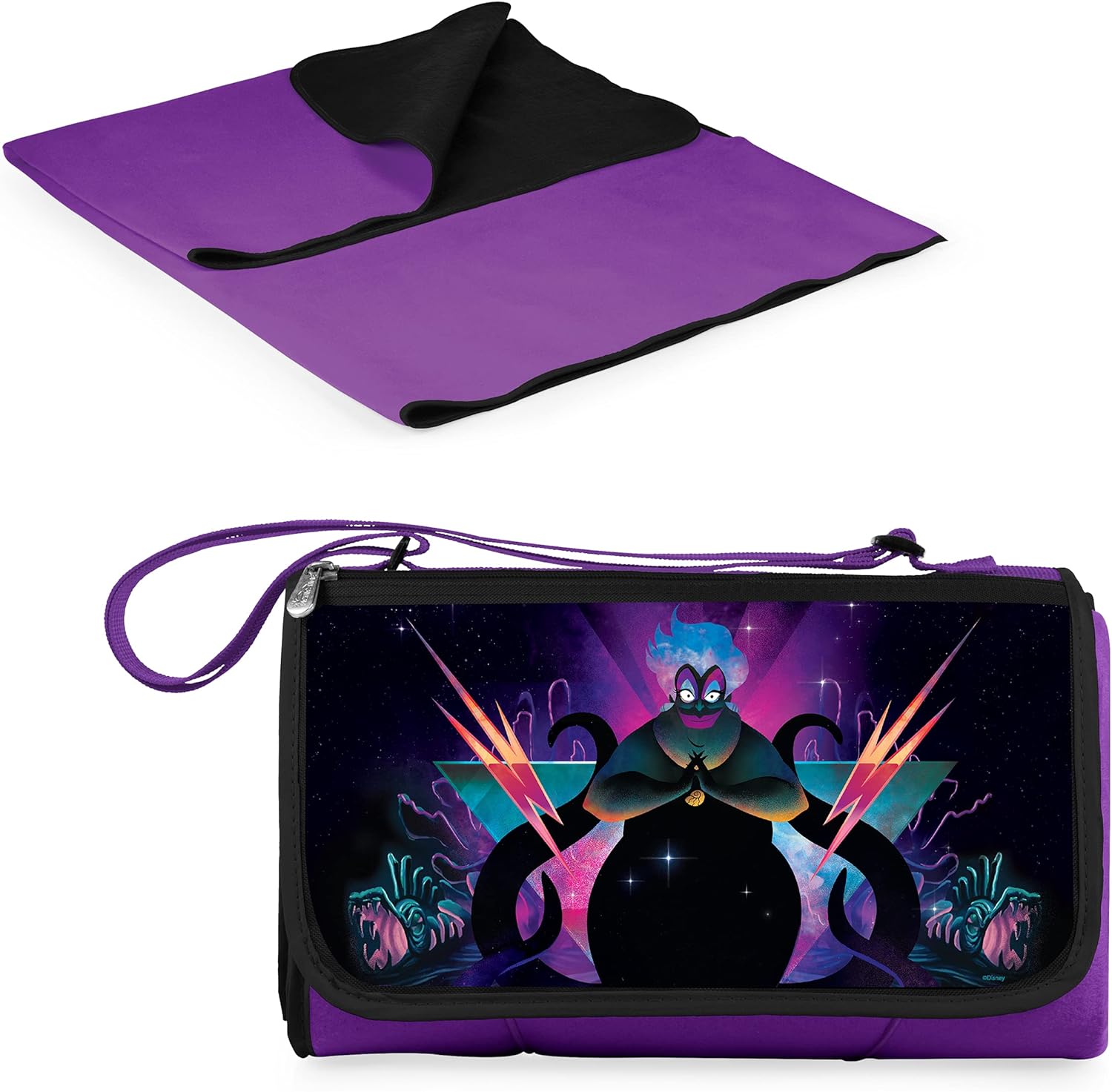 PICNIC TIME Disney The Little Mermaid Ursula Blanket Tote Picnic Blanket, Folding Outdoor Beach and Camping Blanket with Carry Tote and Zipper Pocket, Water Resistant Fleece, (Purple with Black Flap)
