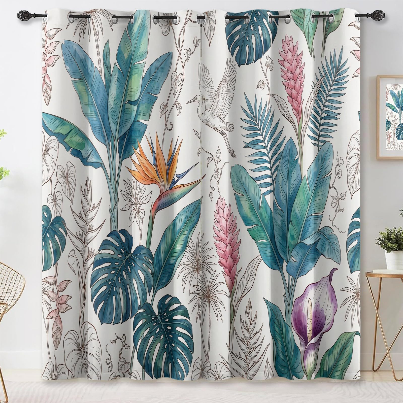 Rideau occultant plante fleur oiseau motif nordique pour isolation thermique de chambre de lit