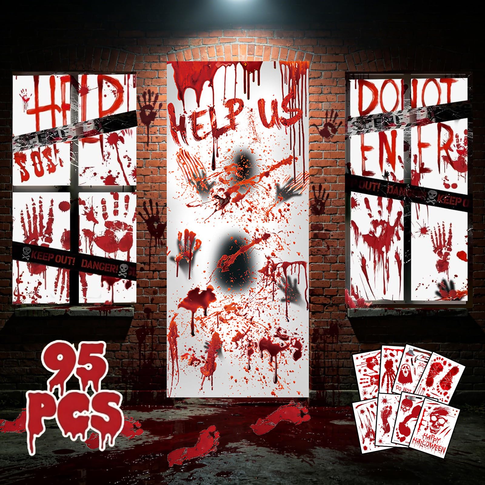 95pcs Halloween Window Stickers, Halloween Window and Door Decorations Indoor, 8 Sheets Window Clings and 1 Door Cover Spooky Halloween Decorations Scary Blood Handprints Footprints Decor for Party
