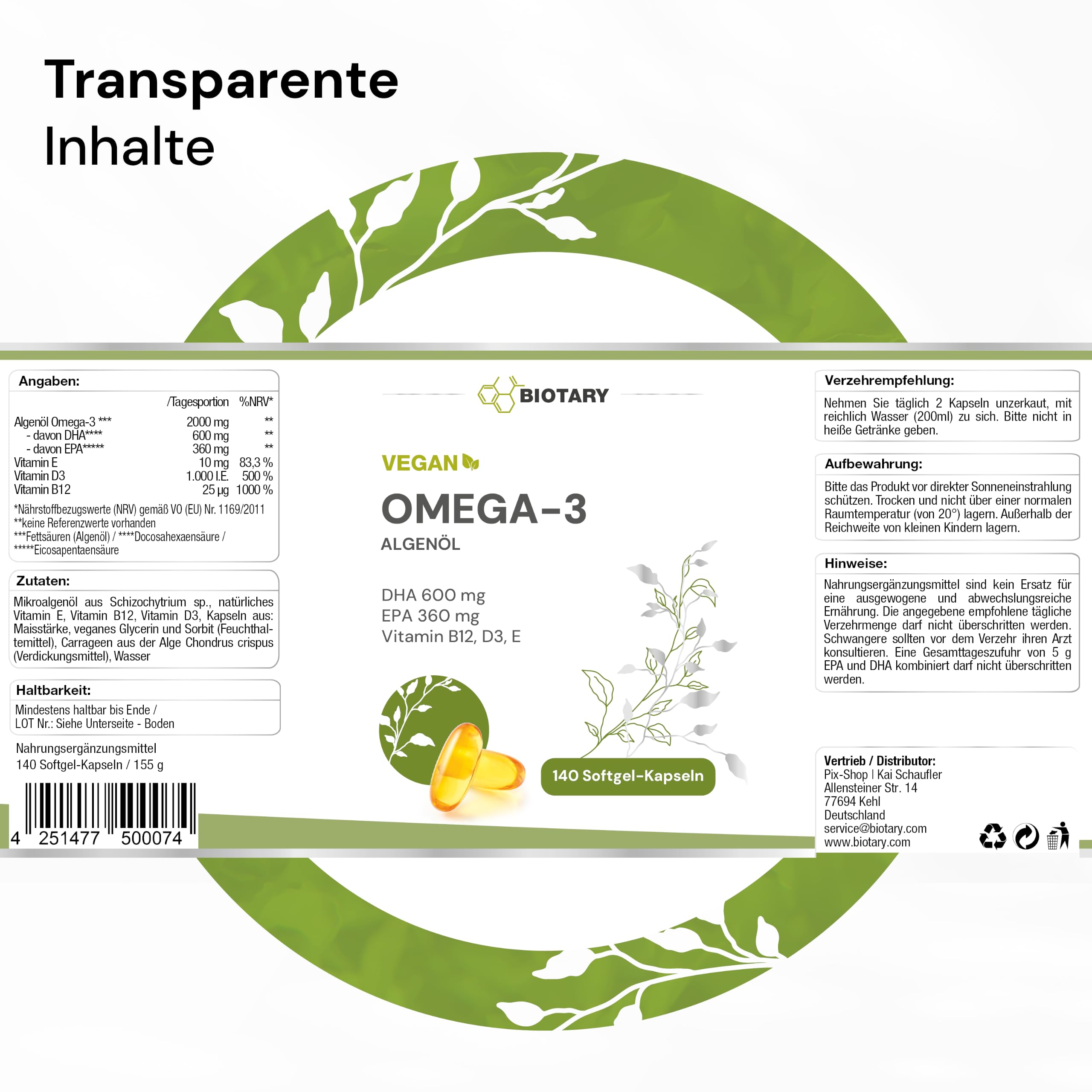 Omega 3 Algenöl 140 vegane Softgel Kapseln 2000 mg pro Tagesportion mit 600 mg DHA und 360 mg EPA plus Vitamin E D3 B12 inklusive Pillendose 70 Tage Vorrat geprüfte Qualität