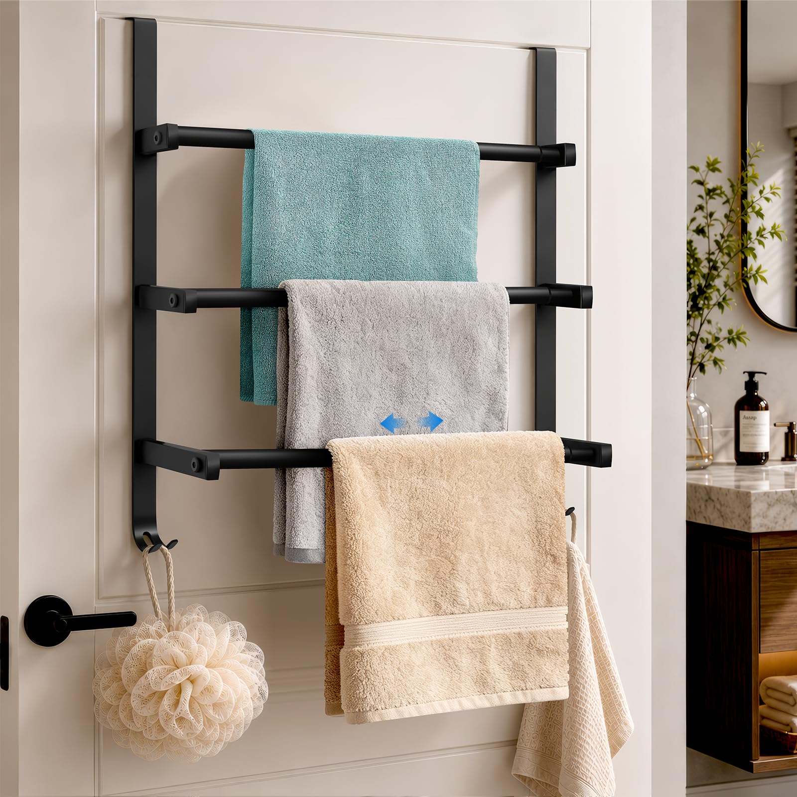 Porte-serviettes extensible en acier inoxydable noir 3 étages avec crochets muraux