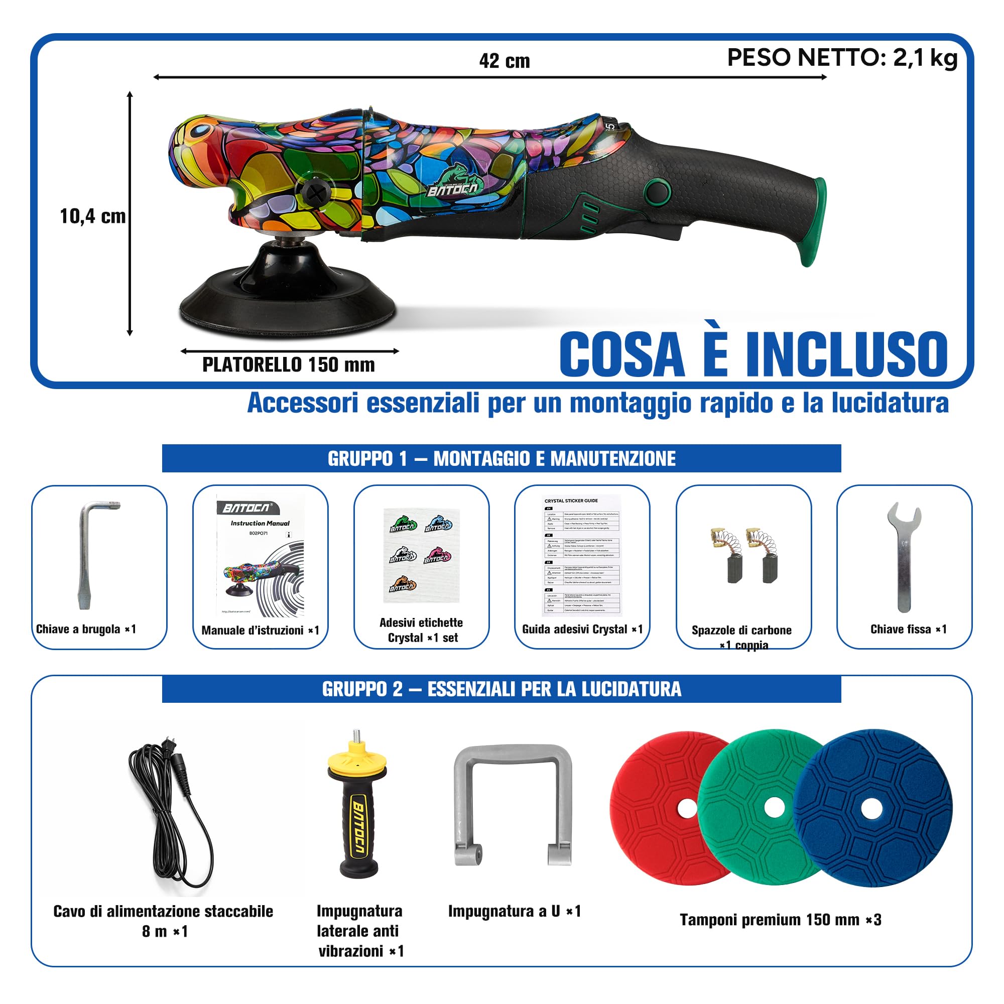 BATOCA P2 Lucidatrice Auto 1000W Alta Coppia - Rotativa 150mm Professionale Correzione Vernice - Basse Vibrazioni, Cavo Rimovibile 8m, 6 Velocità 1000-3800 giri/min - Barca, Camper, SUV