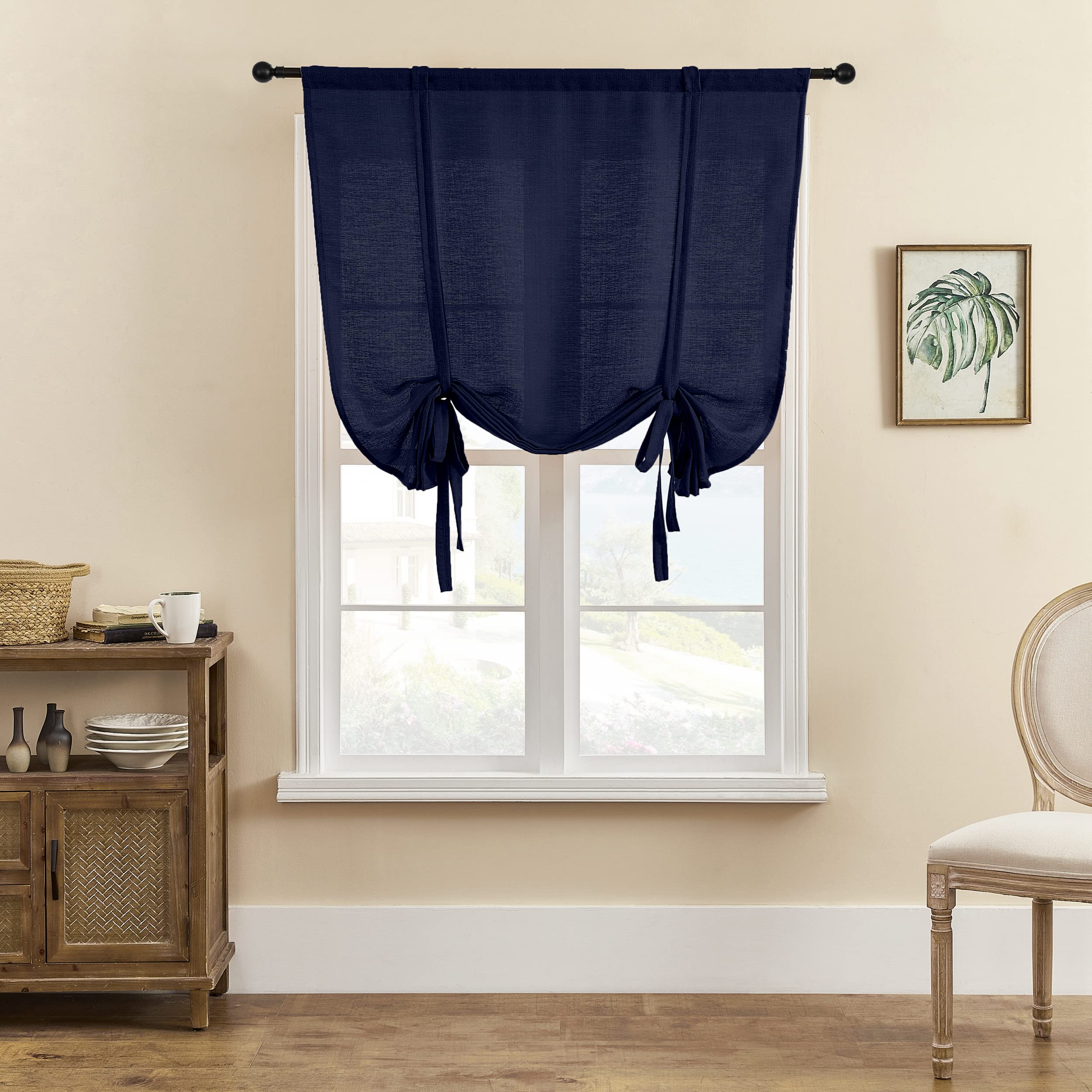 SIMPVALE 1 Piece Roman Blinds Tulle Tie Up Sheer Curtains with Rod Pocket Translucent Voile Curtain for Living Room Bedroom Balcony Kitchen Bathroom, Dark Blue, 100x140cm