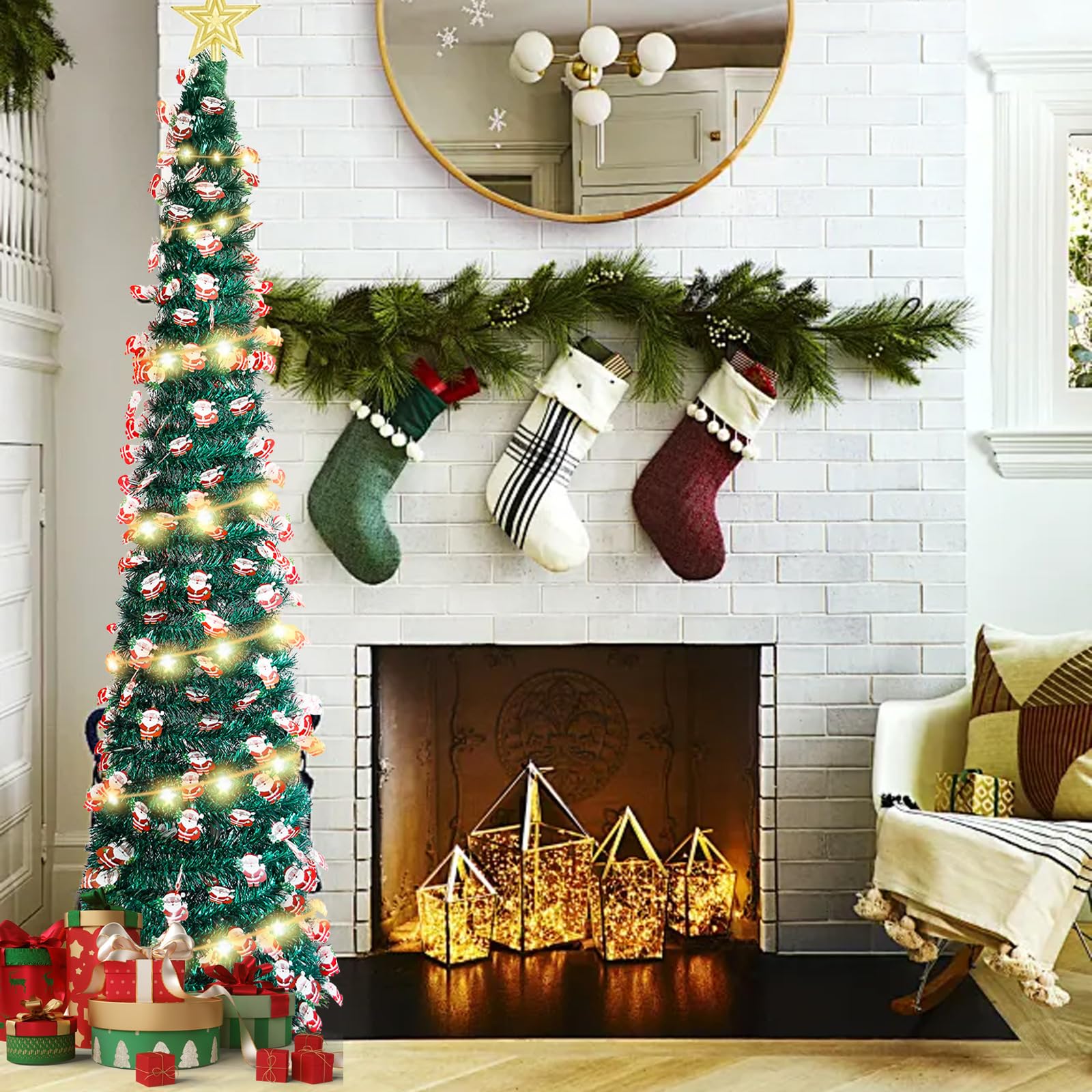 Árbol de Navidad con Luces, 152 cm Arbol de Navidad Plegable Arvore de Natal con Luz Arbols de Navidads Artificial con Soporte, Estrella Superior y 5 m de Luces de Hadas, Decoración Navideña (01)