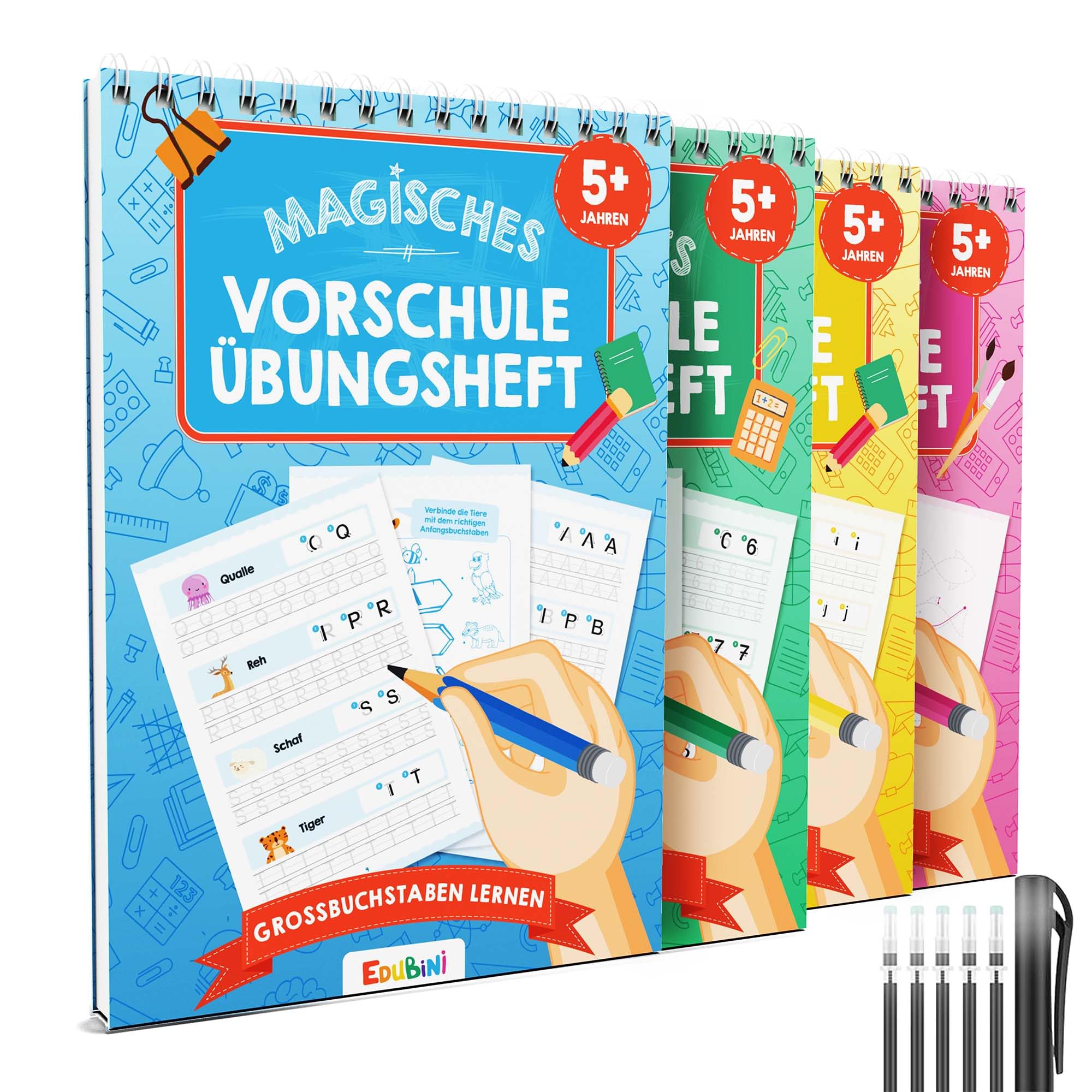 Edubini Cuaderno de ejercicios preescolar mágico a partir de 5 niños y niñas – [4 cuadernos + bolígrafo] – Cuaderno reutilizable para preescolar – aprender letras, aprender a escribir, aprender