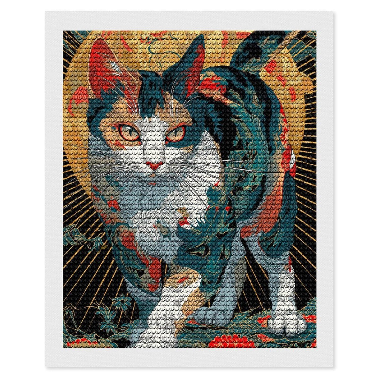 Junmoney Ornate Cat Illustration Diamond Painting Canvas Set 16"x20", for Women, Pleasing Wall Art Project, Aesthetic Room Decor, Gift Idea