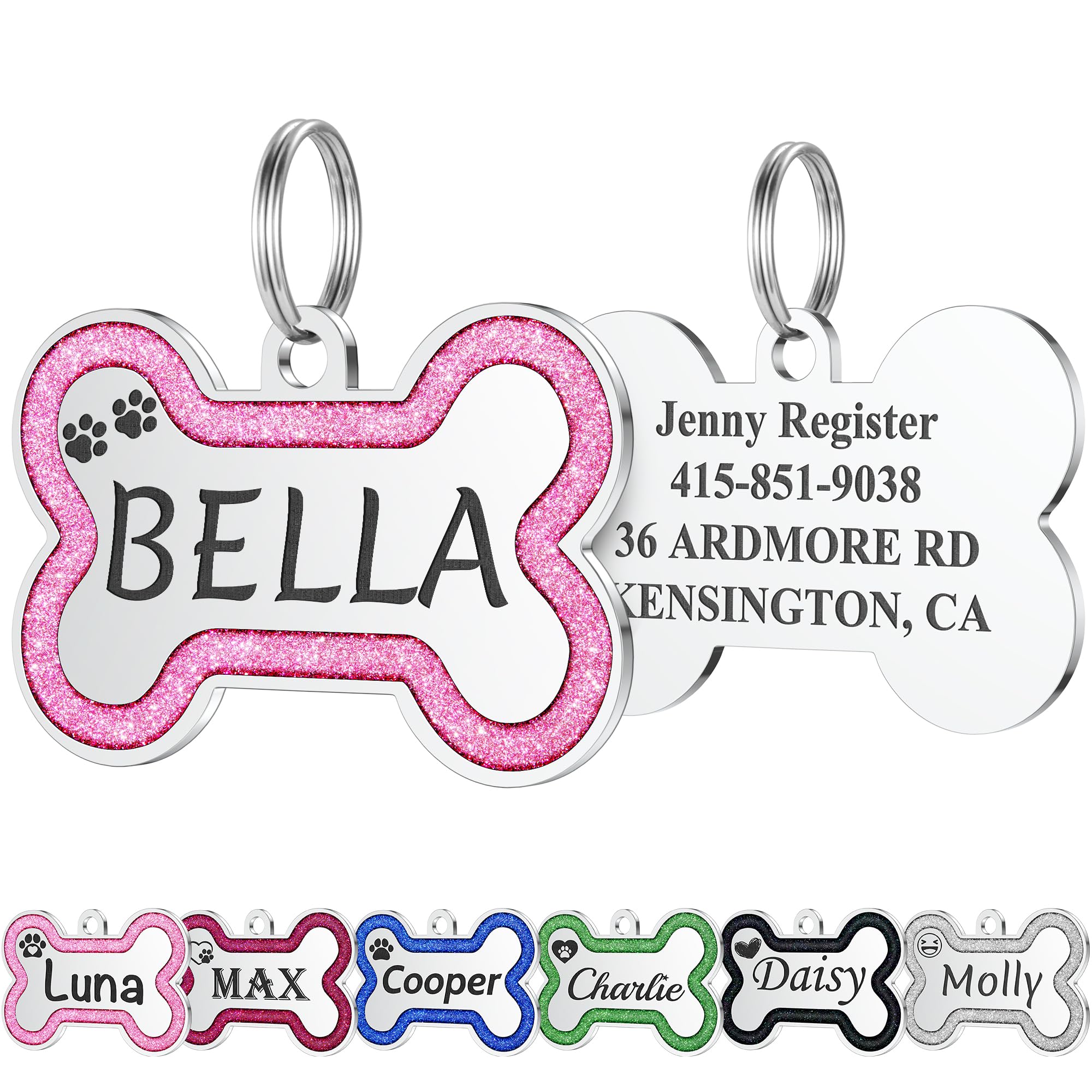 GISUREY Stainless Steel Pet ID Tags in Glitter, Durable Dog Tags Engraved for Pets, Deep Engraved Personalized Dog Tags with Lovely 36 Icons, up to 5