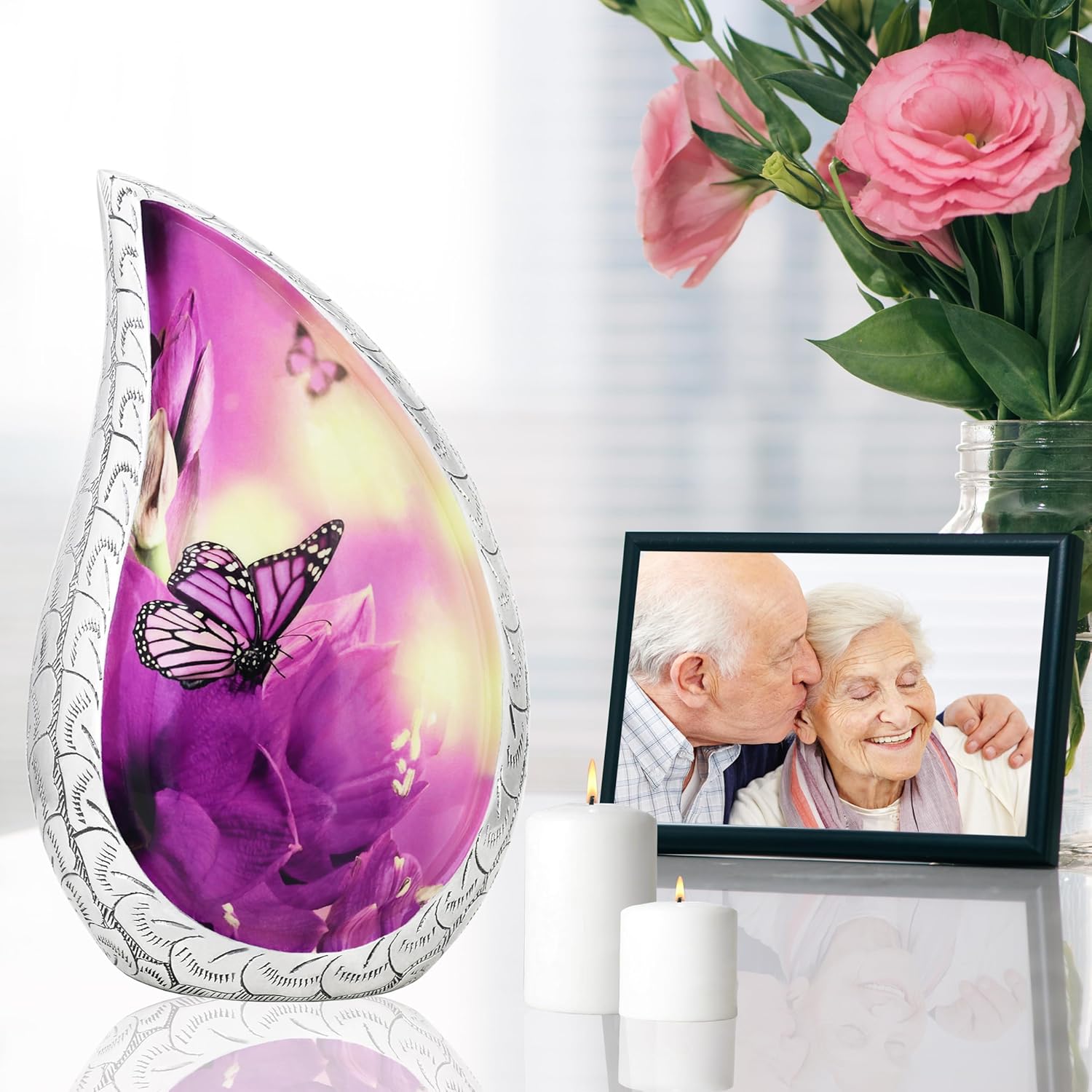 M MEILINXU Cremation Urns for Human Ashes Adult Female & Male, Funeral Urn for Ashes for Women & Man, Teardrop Decorative Cremation Container, Dad or Mom, Purple Flower and Butterfly -Large Tear Drop - Image 6