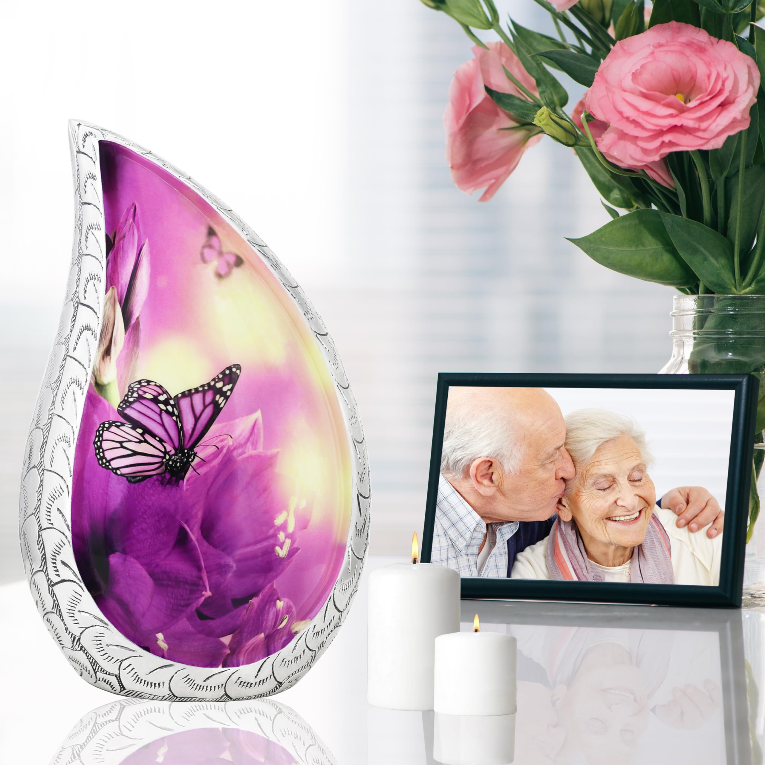 M MEILINXU Urne funéraire décorative en Forme de Papillon Violet pour Cendres humaines – À Afficher à la Maison ou à la Niche, urne en Forme de Goutte en Aluminium gravée pour Cendres Adultes, Femmes