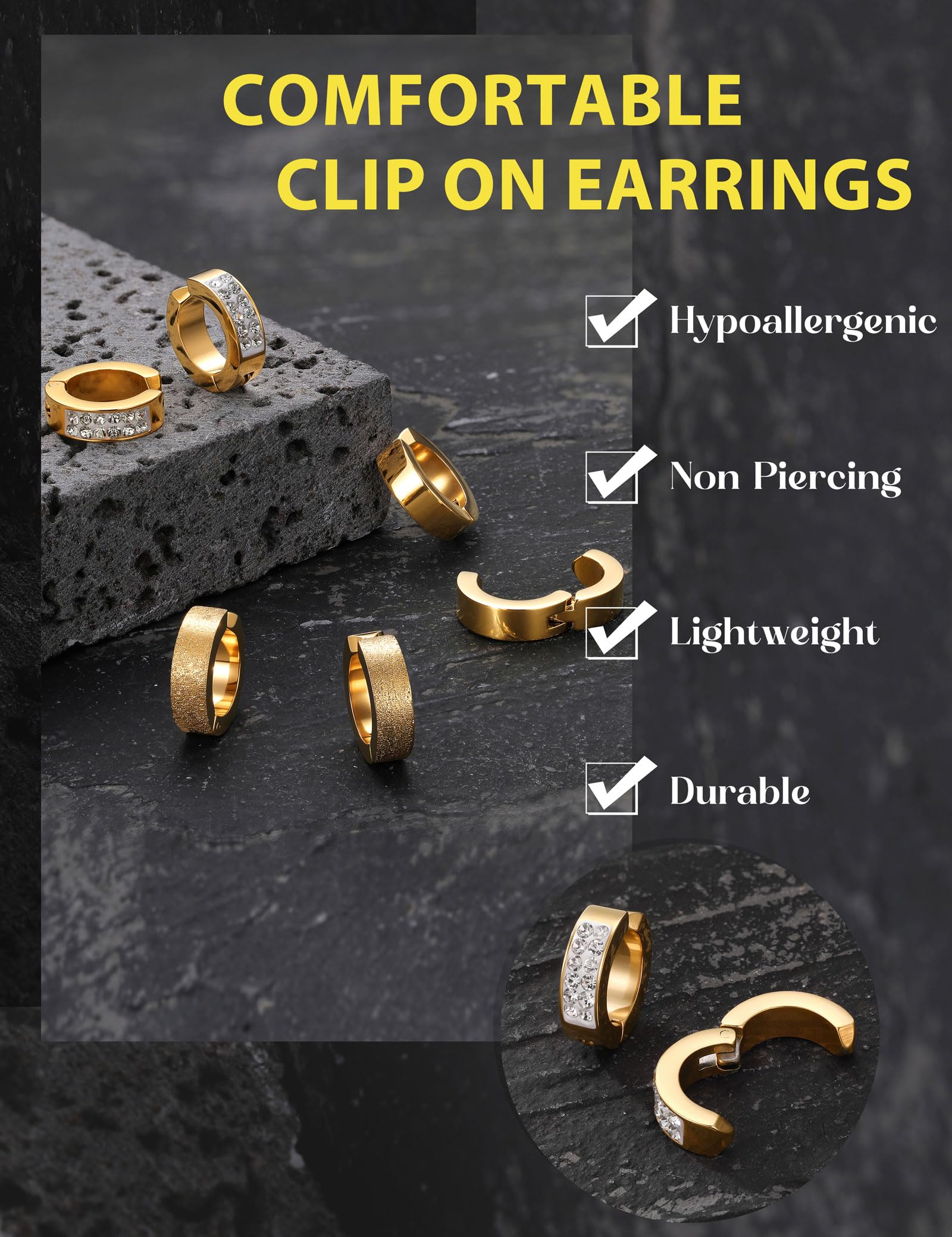 3 pares de aretes de aro de acero inoxidable para hombre y mujer con circonita cúbica sin perforación, Acero inoxidable Circonita cúbica, Circonia cúbica 3