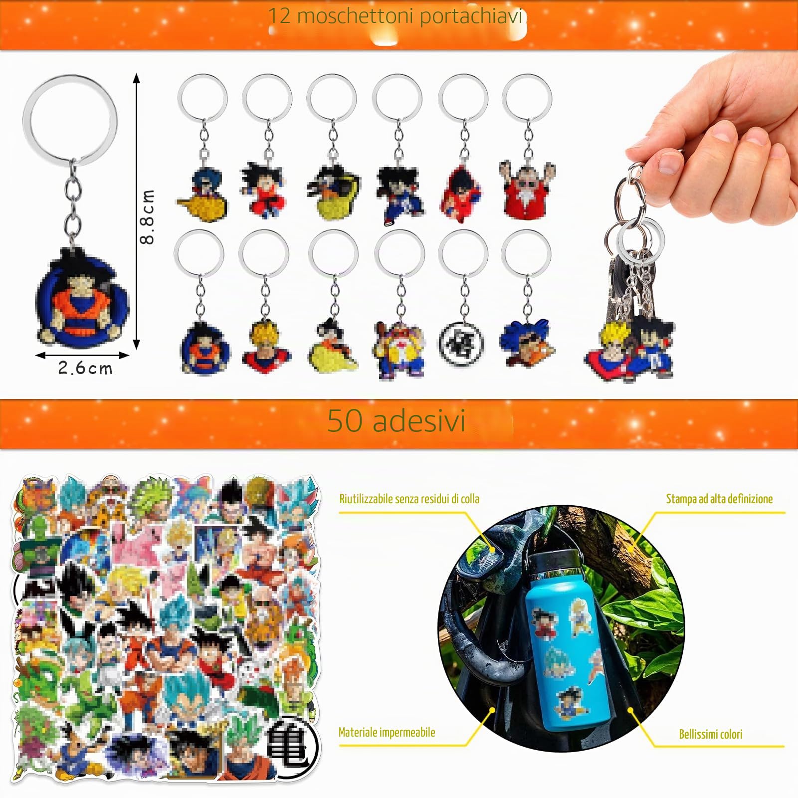 94 pezzi Set di articoli da regalo per feste, 20 sacchetti regalo Goku Party + 12 portachiavi + 12 braccialetti + 50 adesivi, per feste di compleanno per bambini, regali, omaggi, accessori per feste