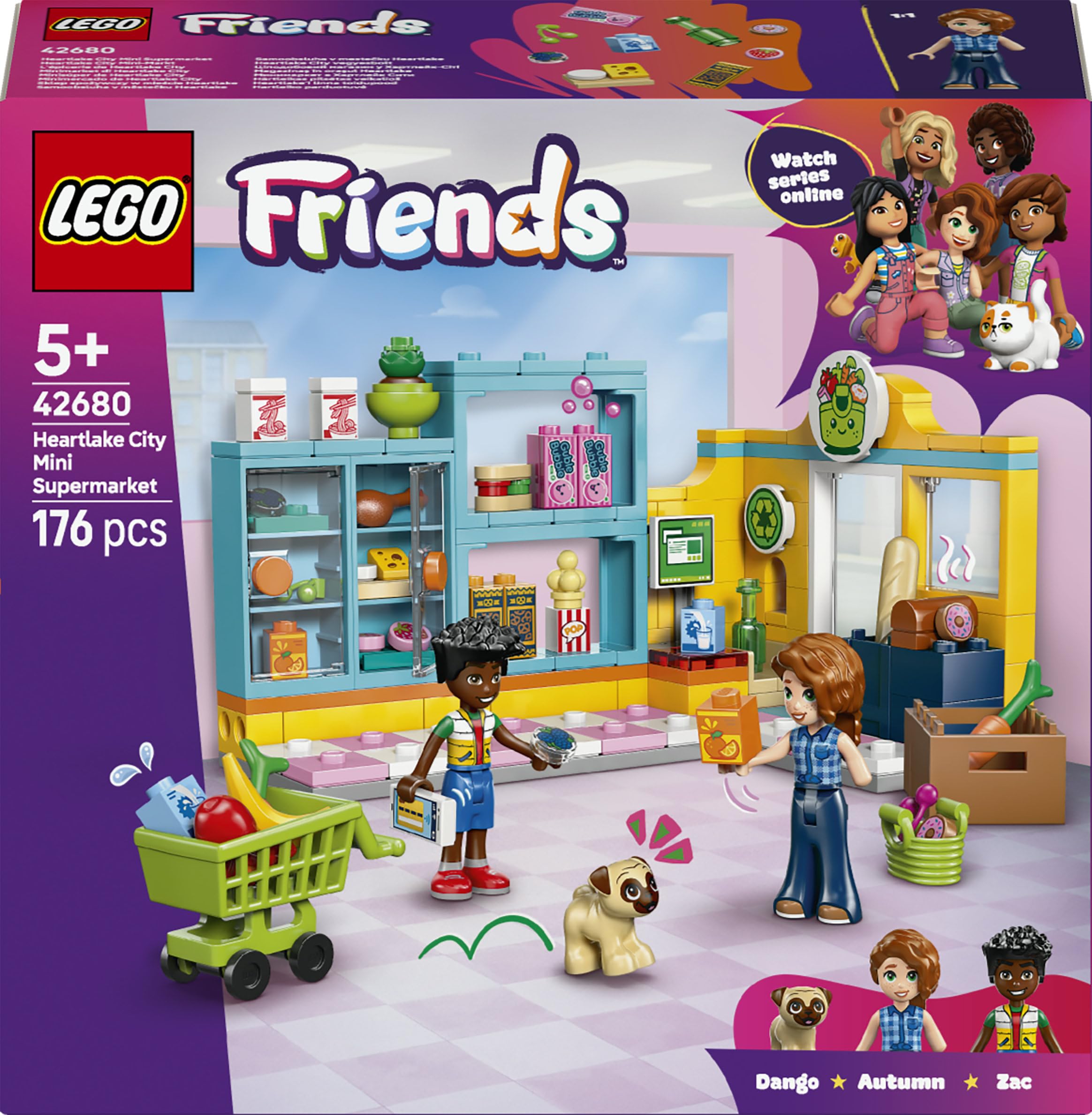 LEGO Friends Heartlake City Mini Supermarket - Toy Shop w/ 2 Mini Dolls, Pet Dog Figure, Cash Register & Play Food Accessories - Birthday Gift for 5+ Year Old Girls - 42680