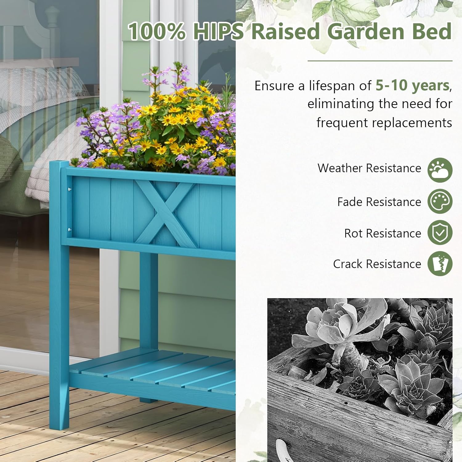 DREAMADE Raised Garden Bed with Legs, 47 x 18 x 29 Inch Elevated Planter Box w/HIPS Frame, Drainage Holes & Storage Shelf, Standing Raised Planter for Flowers Herbs, Outdoor Balcony Backyard (Blue)