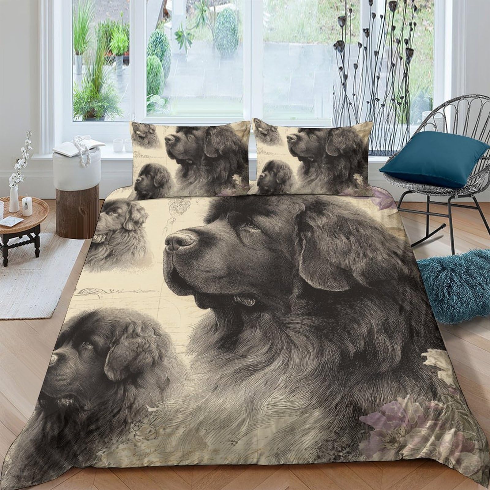 GPLZQXKJNH 3D Printed Black Newfoundland Dog Duvet Cover Microfiber Soft Breathable Puppy Bedding Set with 2 Pillowcases for Bedroom Decor, Single（135x200cm）