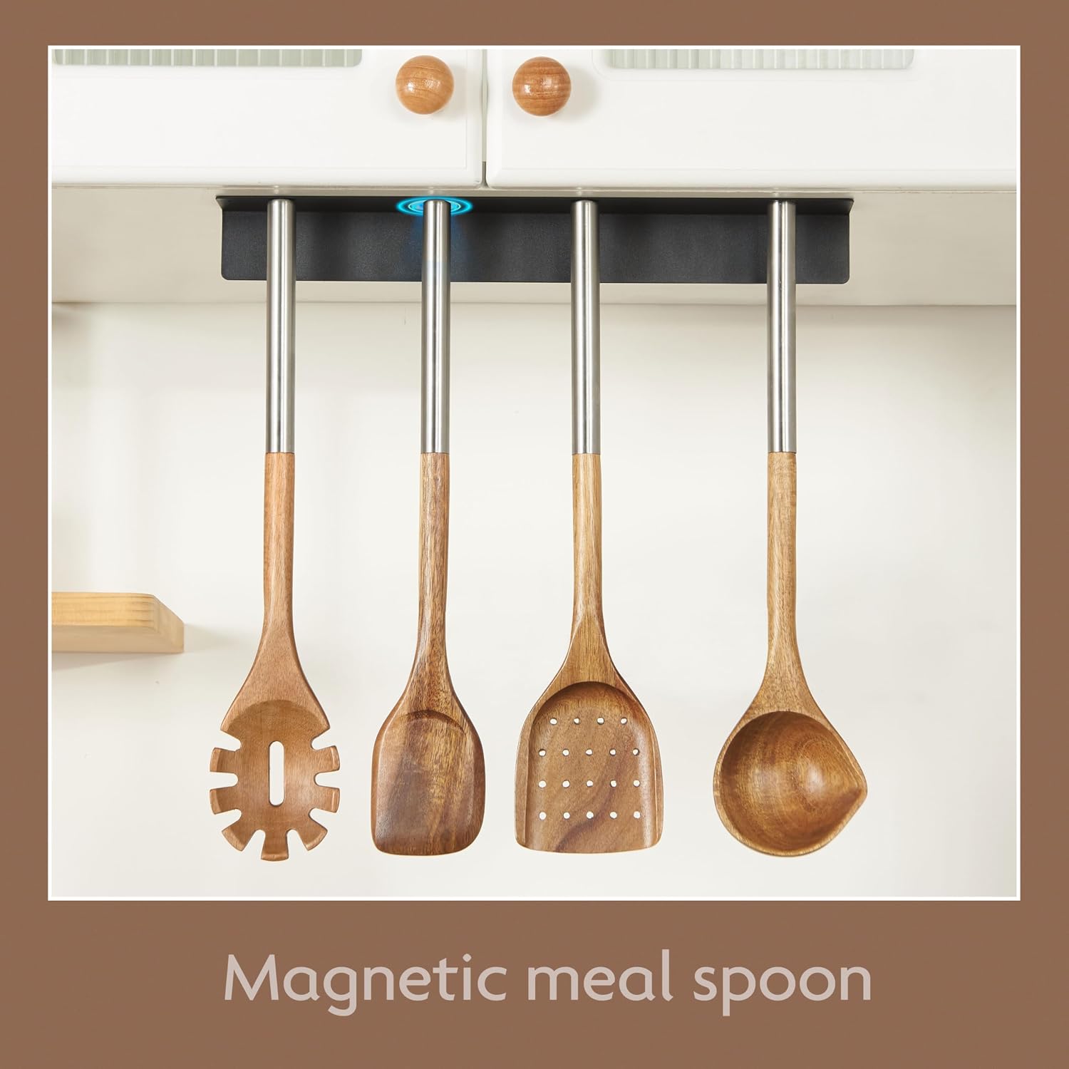 Edergoo 4 PCS Acacia Wood Cooking Utensils Set with Magnetic Hanging Handles Stainless Steel, Heat-Resistant Multi Function Cooking Tools