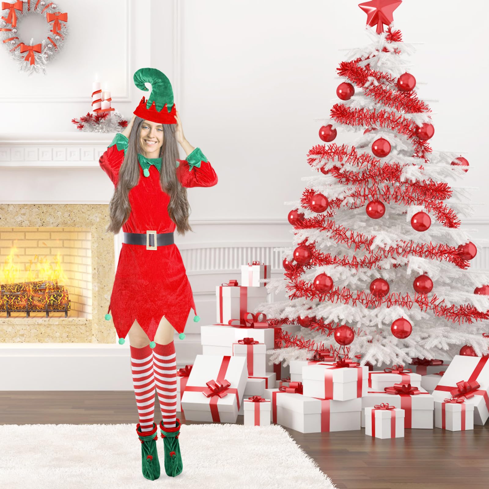 Ensembles de Costume Elfe de Noël avec Chapeau, Chaussettes Rayées et Chaussures Cloche