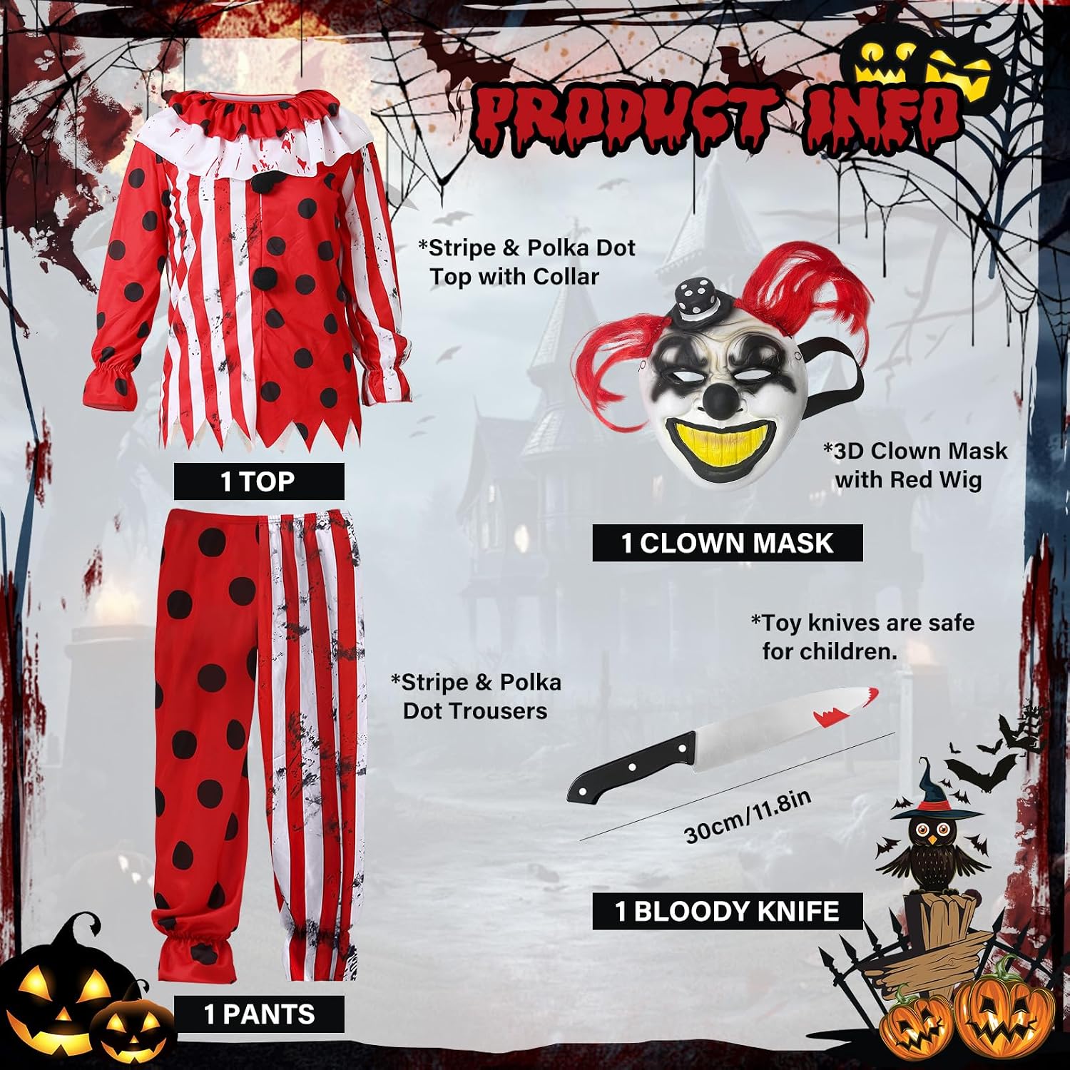 Costume Da Clown Assassino Per Bambino, Spaventoso Completo Halloween Con Maschera E Mannaia Giocattolo