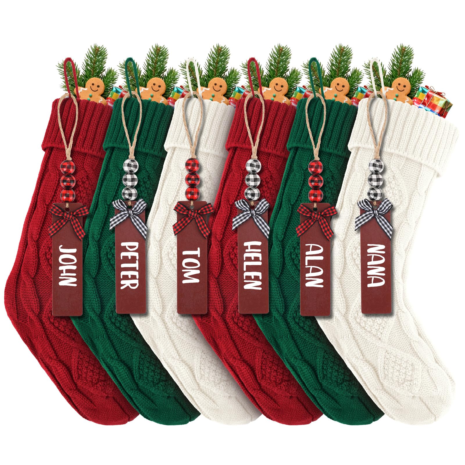 Paquete de 6 medias de Navidad de punto trenzado de 18 pulgadas, medias colgantes personalizadas para fiestas de vacaciones, árbol de Navidad y decoración del hogar familiar en rojo, blanco