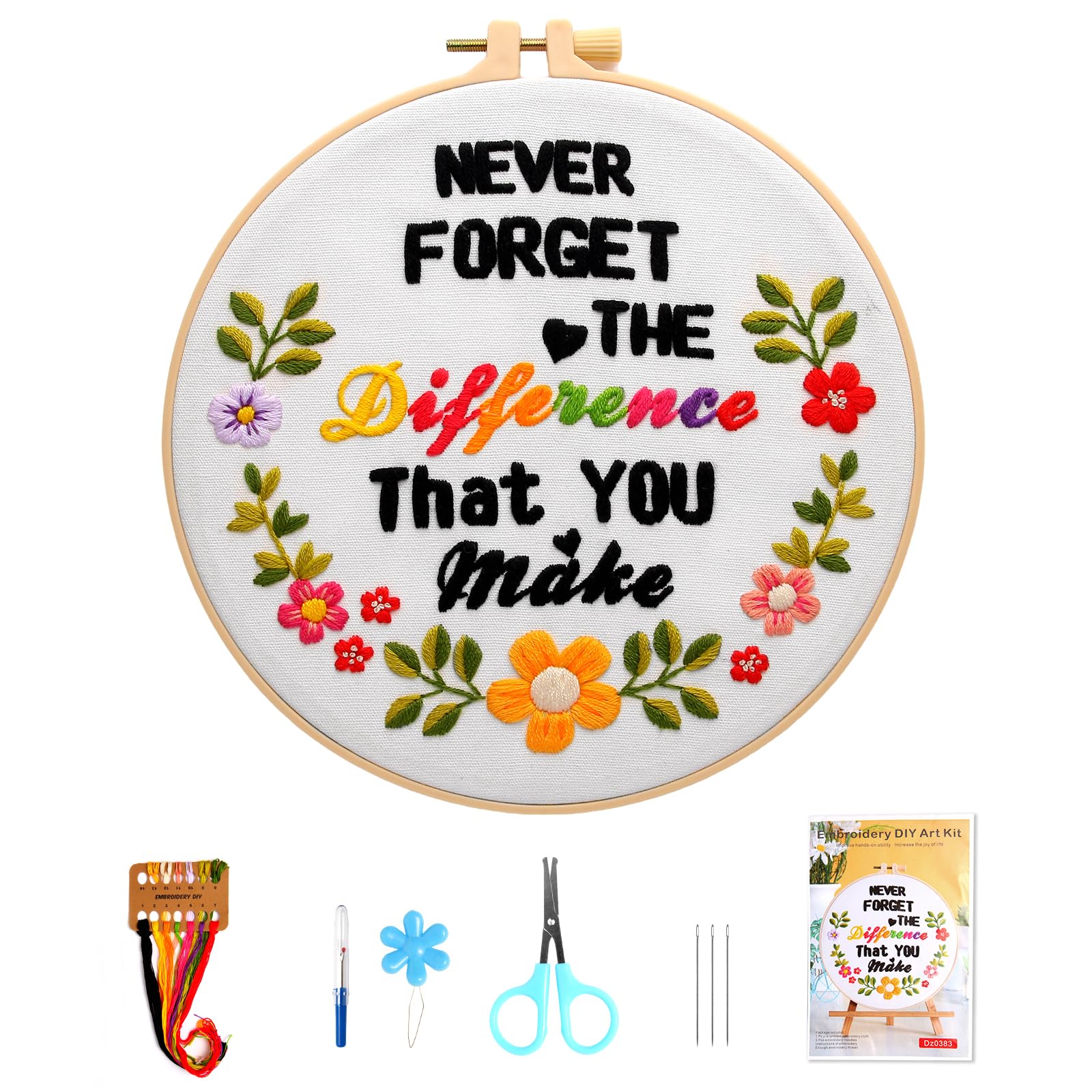 VUEJIC Embroidery Kit for Beginners and Adults, Floral and Lettering Design (Never Forget The Difference that You Make)