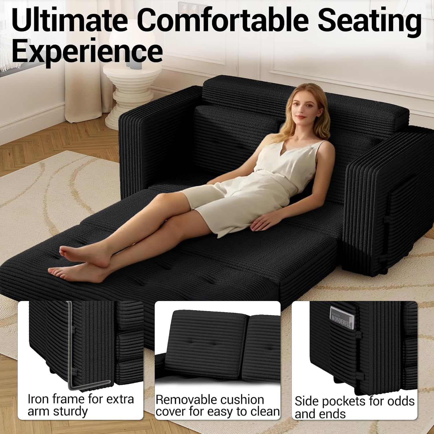 3 Fold Convertible Sofa Bed, Black - Pull Out Boneless Couch, Loveseat, Sleeper Sofa, Folding Chaise Chair with Pillows for Bedroom Living Room
