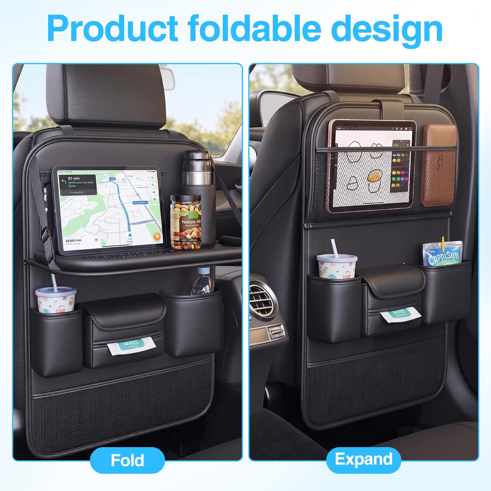 Confezione da 2 organizer per sedile posteriore dell'auto, in pelle, con vassoio pieghevole, grande organizer con vassoio pieghevole e tasca con supporto per tablet, per riporre in ordine giocattoli e
