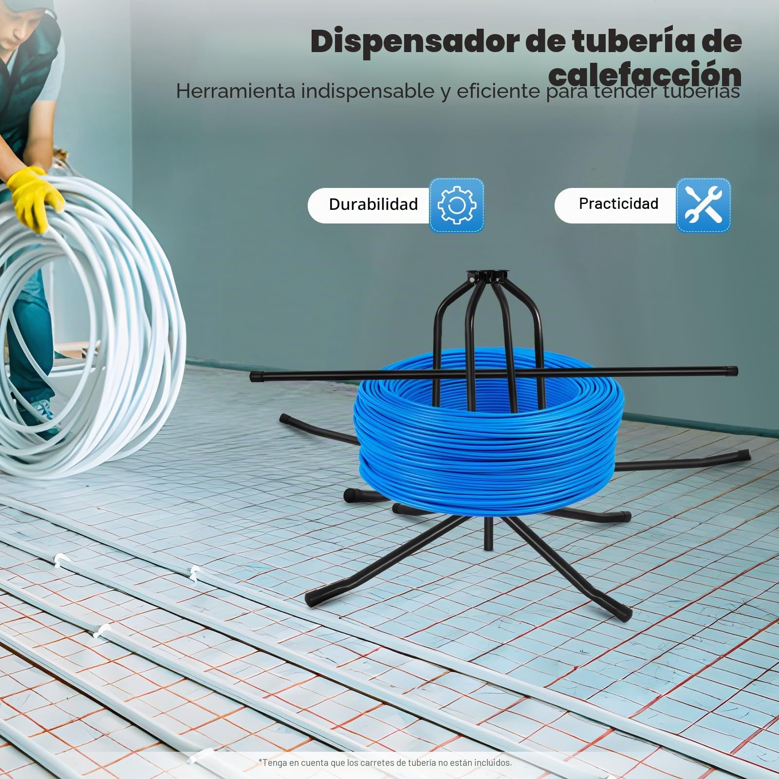Enrollador de tubos, doble rodamiento para calefacción por suelo radiante, máx. 200 kg, plegable, desenrollador de cables, desenrollador de tubos, tubo de calefacción por suelo radiante con bolsa de