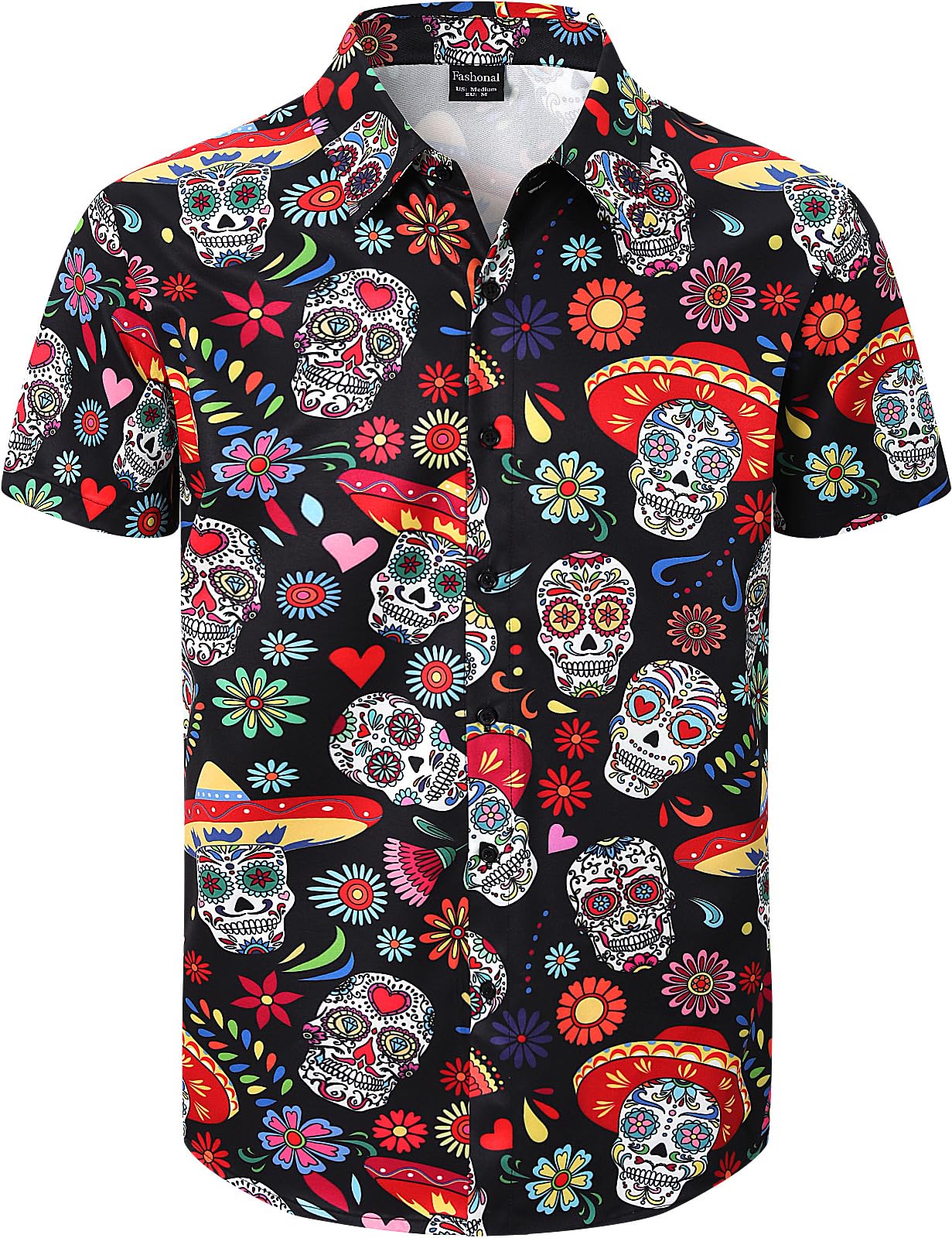 Men's Mexican Cinco de Mayo Novelty Button Down Shirt, S-4XL, Sugar Skull, Medium