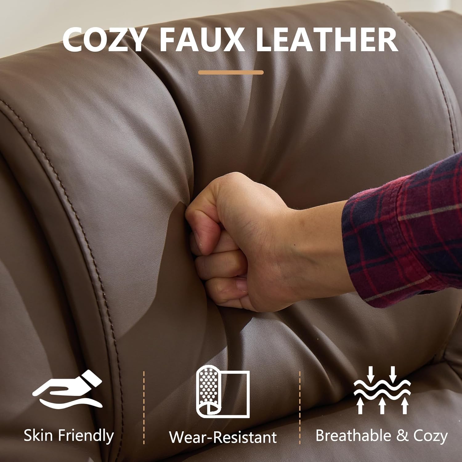 DRMBOOK RV Power Loveseat Recliner Sofa, Faux Leather 3-Seater Wall Hugger Reclining Sofa, Home Theater Seating Chair with Cup Holders, 3 Person Couch RV Furniture for Living Room, Light Tan