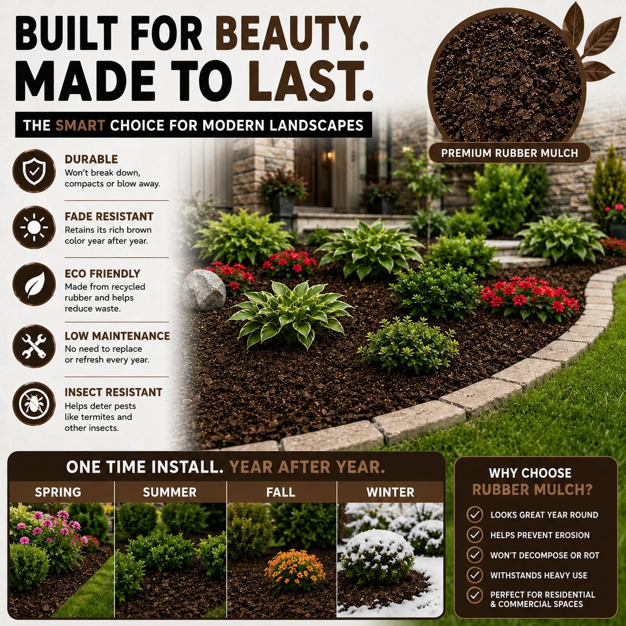 Premium Brown Rubber Mulch 4 QT – Long Lasting Decorative Landscaping Ground Cover, Recycled Rubber Chips for Gardens, Flower Beds, Plants & Pathways, Fade Resistant Outdoor Mulch