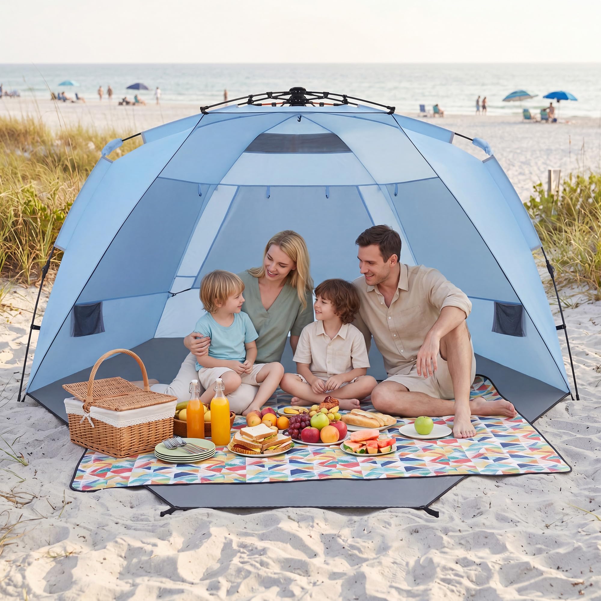 HOMASIS Tenda da Spiaggia a 3 Posti, Tenda Pieghevole Pop up Resistente e Antivento con Finestre e Tasce, in Tessuto Impermeabile, con Borsa da Trasporto, per Campeggio e Mare, 278 x 140 x 160 cm, Blu