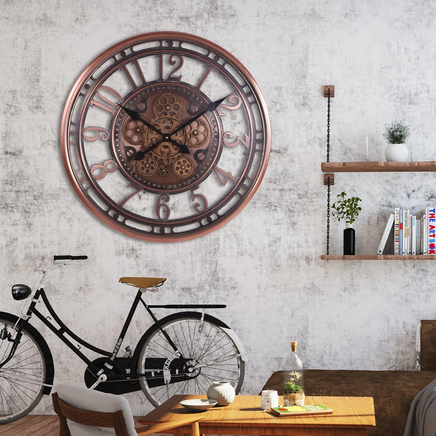 INFINITY TIME 21 Inch Moving Gears Wall Clock,Large Metal Wall Clock for Modern Farmhouse Living Room Decor,Copper Arabic Numeral,House Warming Gifts New Home