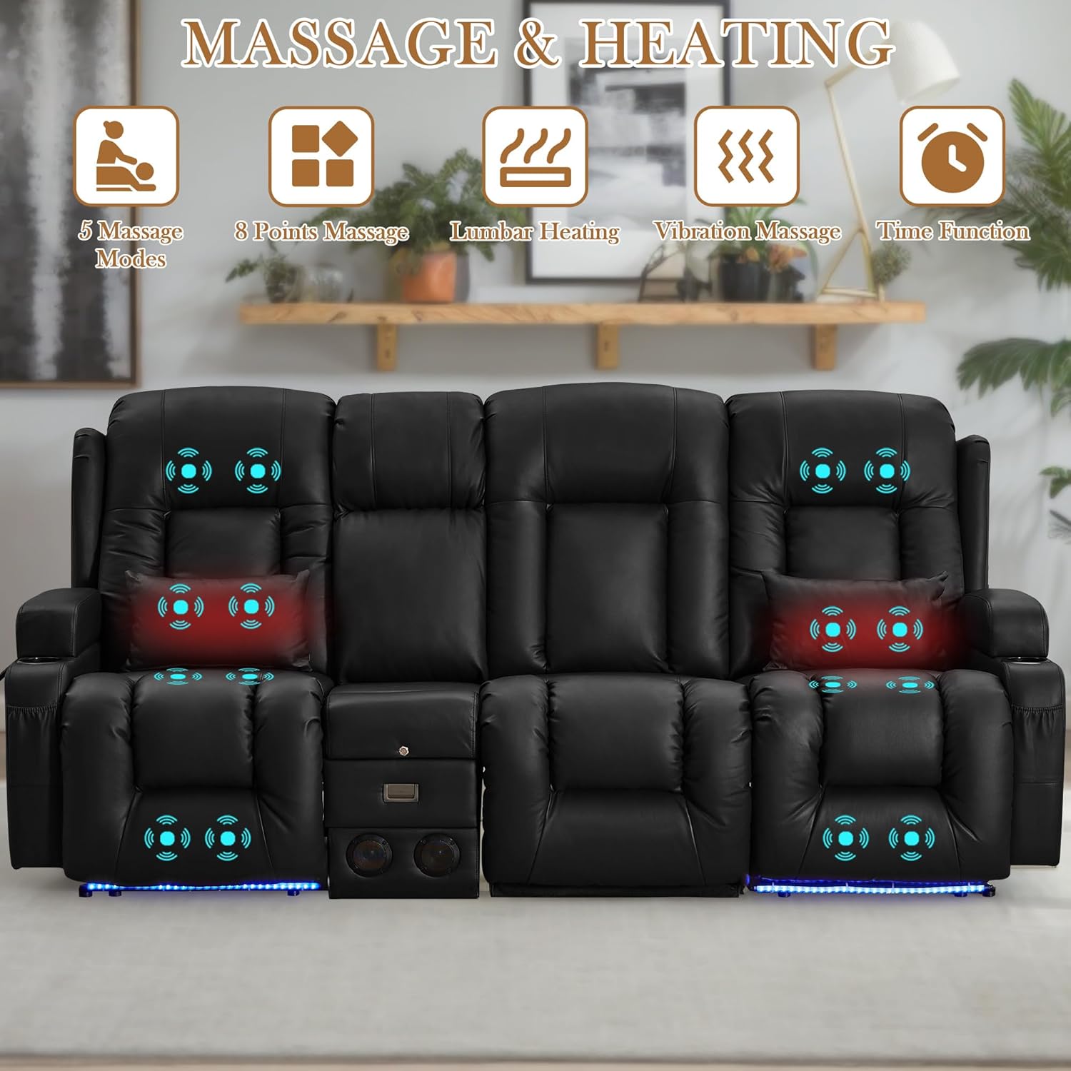 TUNYI Power Recliner Loveseat with Massage Heat Console USB Storage LED Speakers (Black 4 Seat)