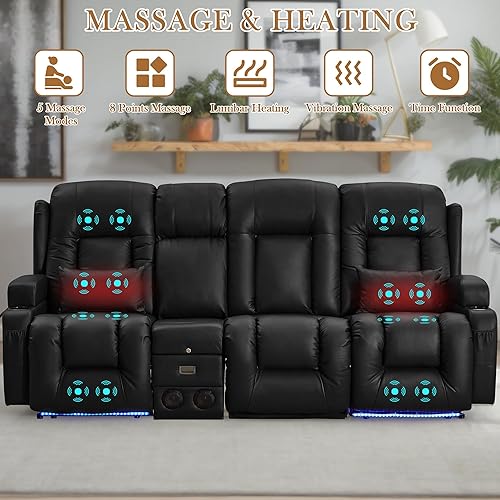 Miniatura 4 de TUNYI Sofá reclinable eléctrico con masaje y calor, asiento de cine en casa con consola, sofá biplaza reclinable RV con