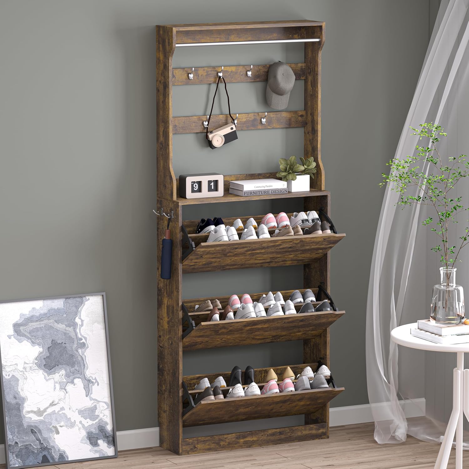 BORNOON 2-in-1 Shoe Cabinet with 3 Flip Drawers & Coat Rack - Slim Narrow Hidden Storage Hall Tree for Entryway