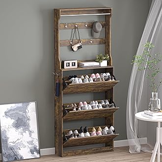 Shoe Cabinet with 3 Flip Drawers & Coat Rack, Narrow Hidden Shoe Storage Cabinet, 2-in-1 Hall Tree Slim Freestanding Shoe Rack Organizer for Entryway, Hallway, and Living Room