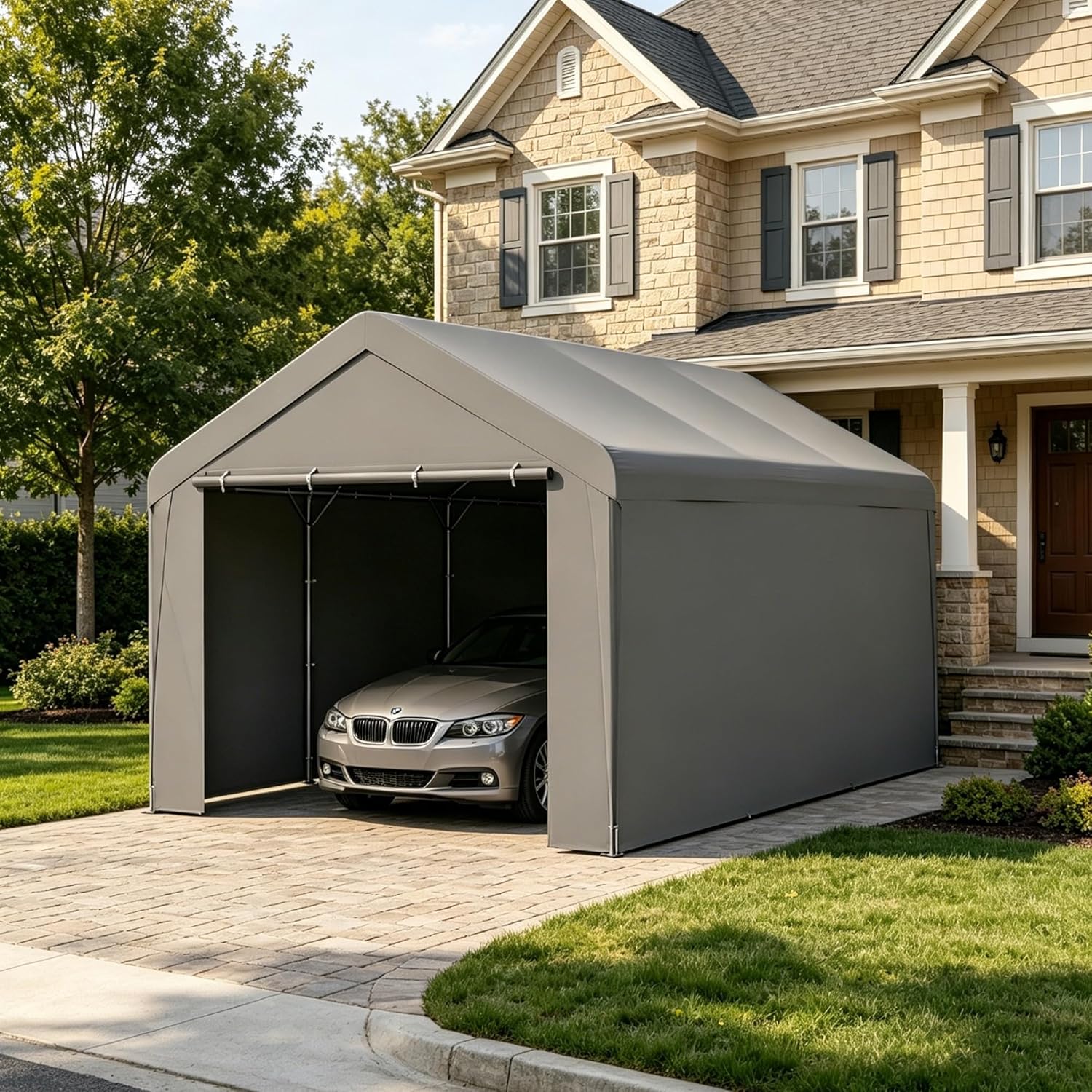 Carport 10x20 Heavy Duty Portable Garage w/Removable Sidewalls & Roll-Up Door Car Canopy Party Tents Waterproof UV Resistant All Weather Car Port for Trucks,Boats（Gray）