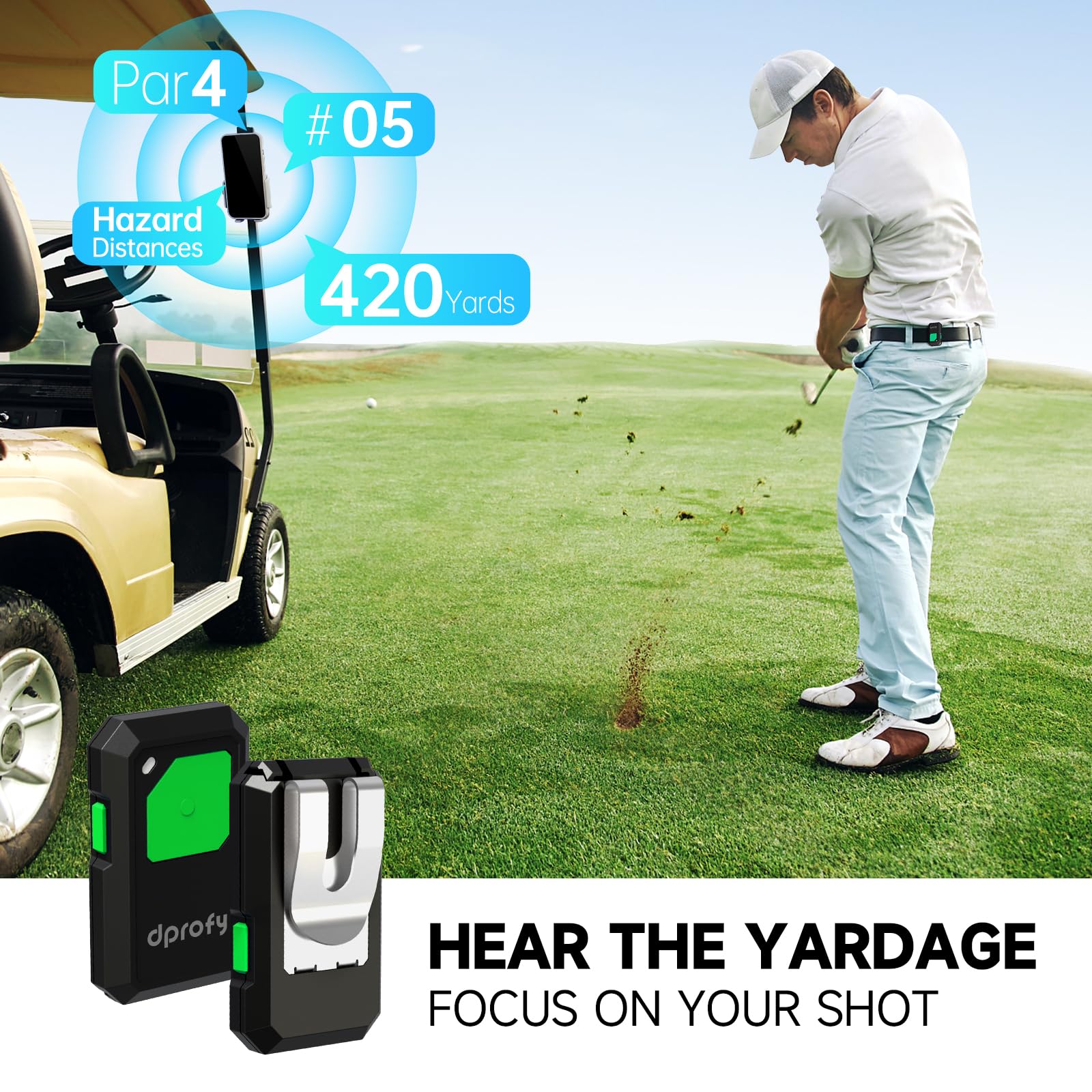 Dprofy Golf GPS Entfernungsmesser, Sprachausgabe mit Freisprech-Distanzlesung, funktioniert mit Dprofy APP, 40.000+ Kurse, tragbares Clip-on-Golfzubehör, unterstützt zwei Personen