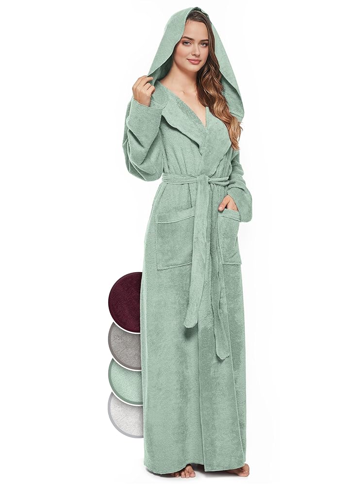 Accappatoio Donna Arus - 100% Cotone Spugna, Cappuccio, Lungo Fino A Caviglia, Certificato OEKO-TEX - Foto 7