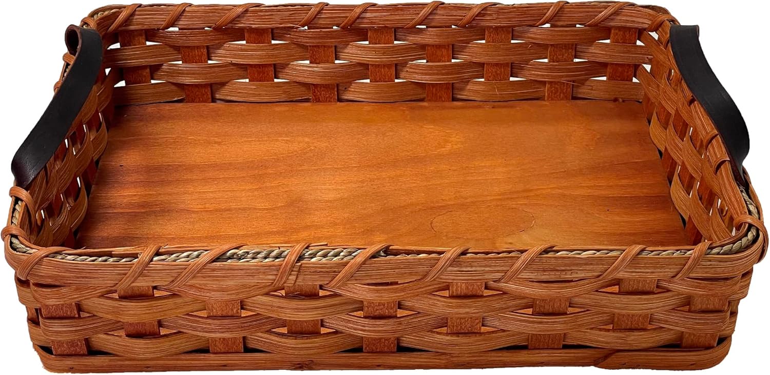 Amish Baskets Hot Dish/Cake Server Solid Oak Basket With Leather Handles (Blue)