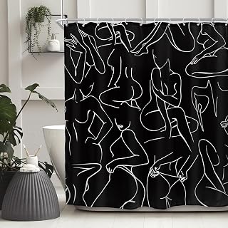 SVBright Abstract Women Shower Curtain 60Wx72L Inch Modern Black White Minimalist Line Art Ladies Aesthetic Body Creative Sketch 12 Pack Hooks Polyester Waterproof Fabric Bathroom Bathtub Panels
