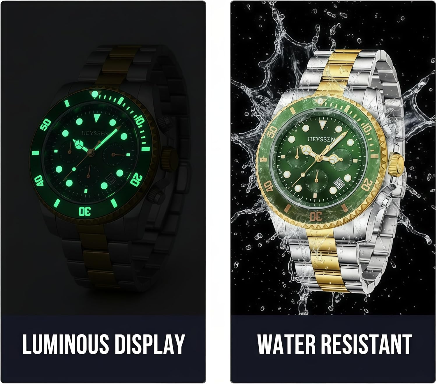 Watches For Men Quartz Stainless Steel: Dress Watch For Mens Wrist Luxury Gold And Silver Metal Two Tone Black Dial Big Analog Classic Diver Waterproof Chronograph Green Face Business Man Gift - Image 3