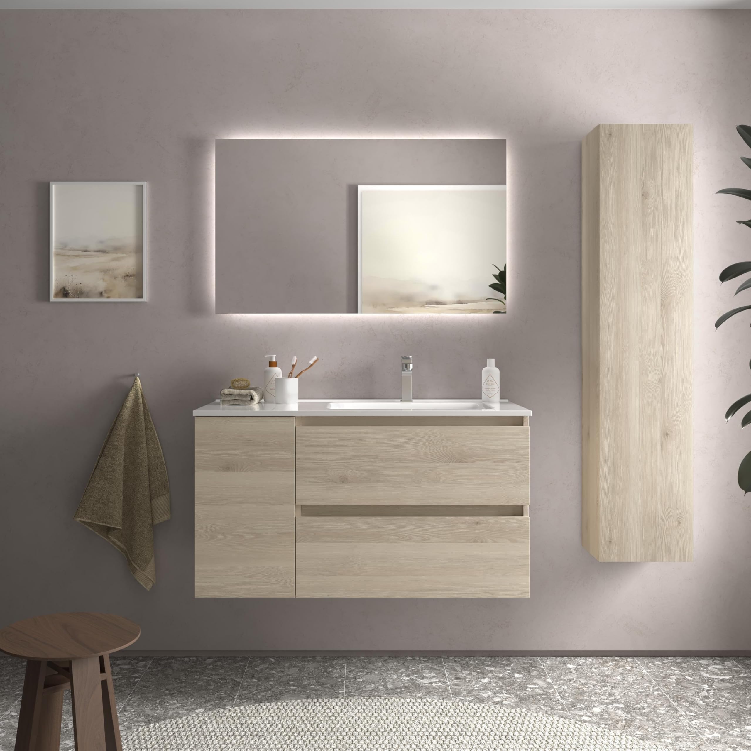 Mueble de Baño BEQUIA Plus 100cm Natural | Lavabo Porcelana Grifo Derecha 1P