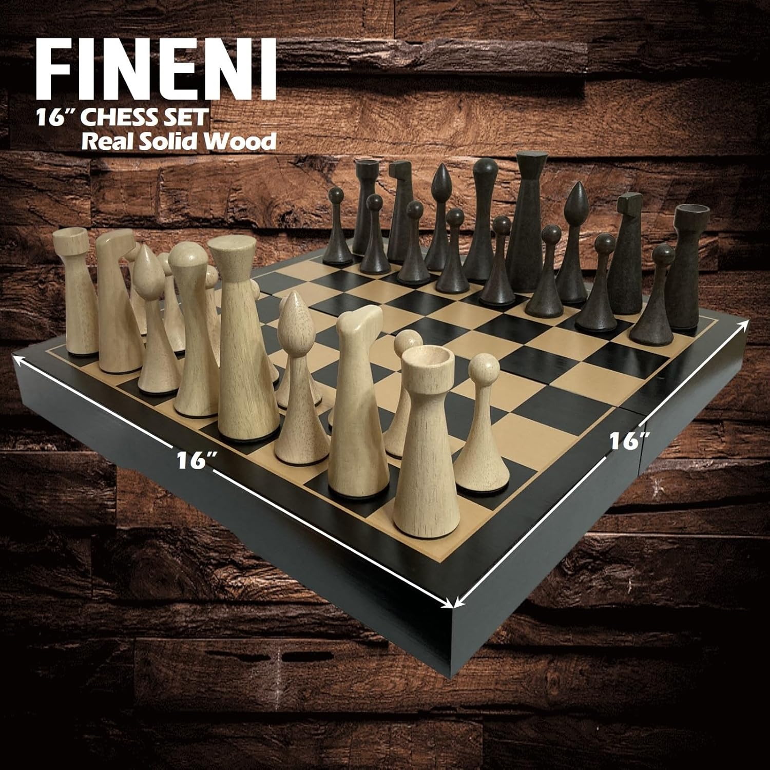 Luxurious 16 inch Real Luxurious Dark Colored Solid Wooden Chess Set. Durable Handmade Chess Board Game Sets with Storage Slots for 4.2” Weighted & Elegant Designed Wooden 34 Pieces (C16D)