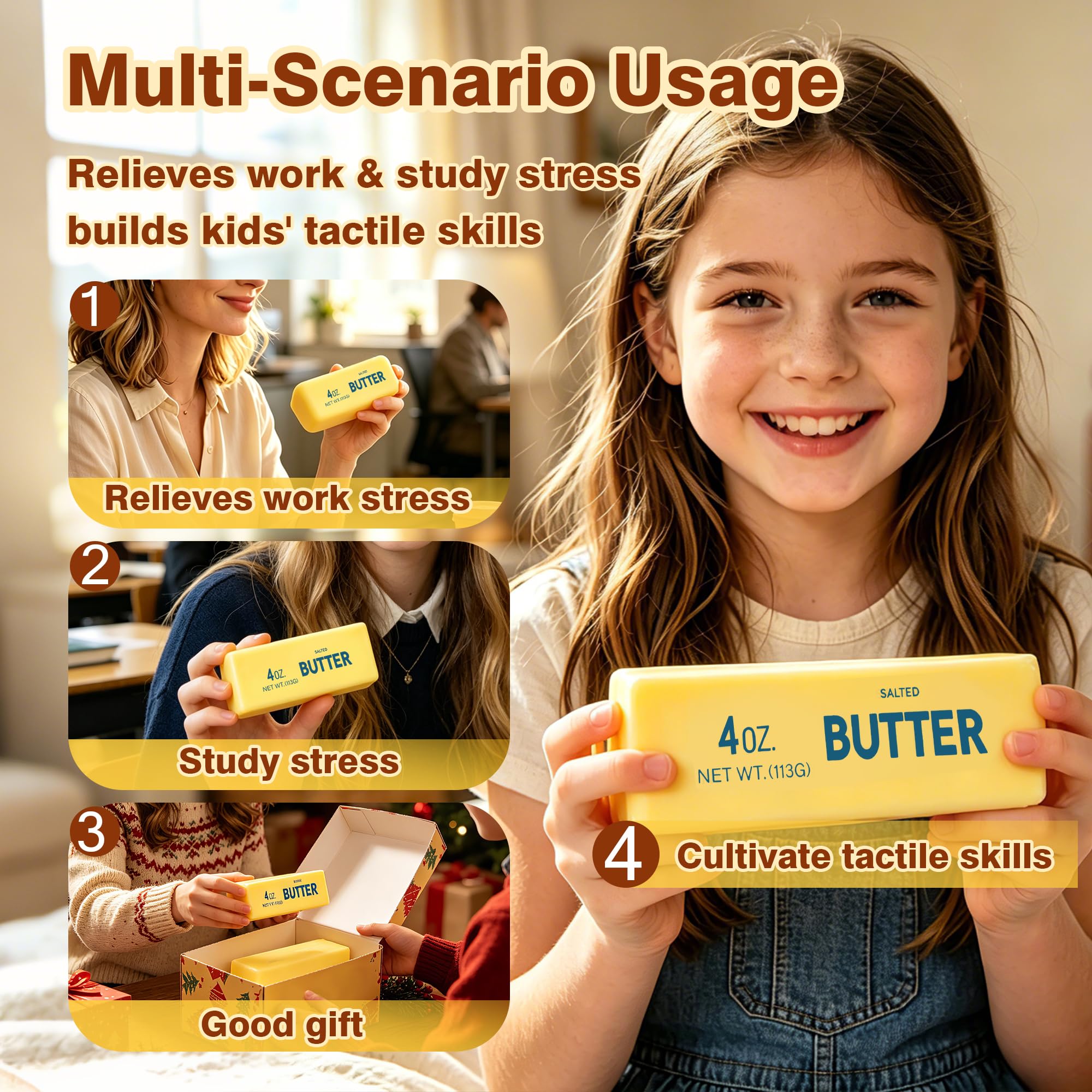 2 Pcs Butter Squishy - 2026 New Upgraded Slow Rising Squishy Butter Squeeze Toy,Realistic Bread Style Sensory Fidget for Desk, Anxiety Relief Fun Gift for Adults (Yellow) — Amazon image 6