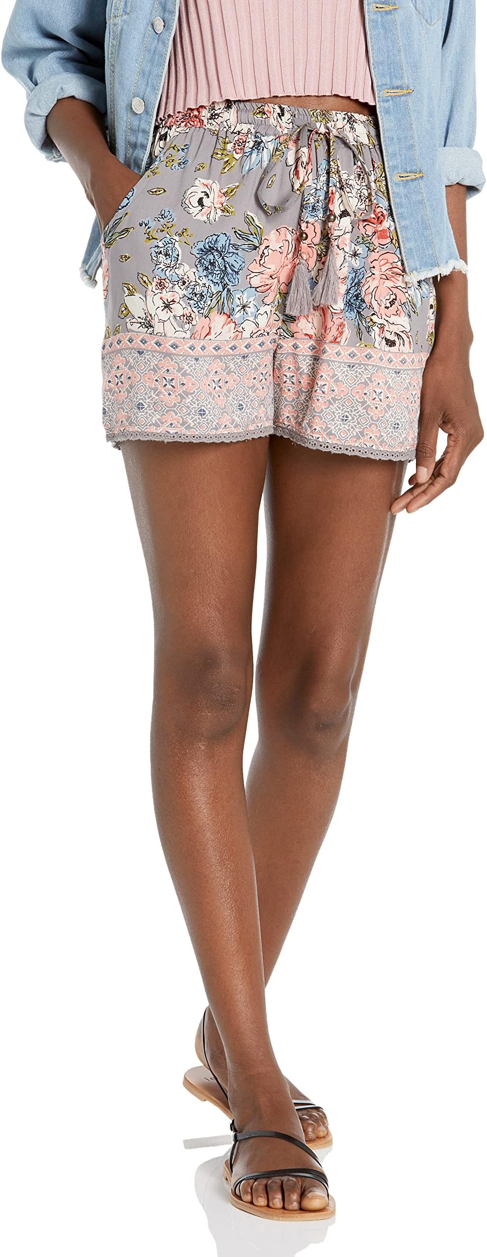 Angie Women's Shorts with Drawstring and LACE Trim, Dove, Large