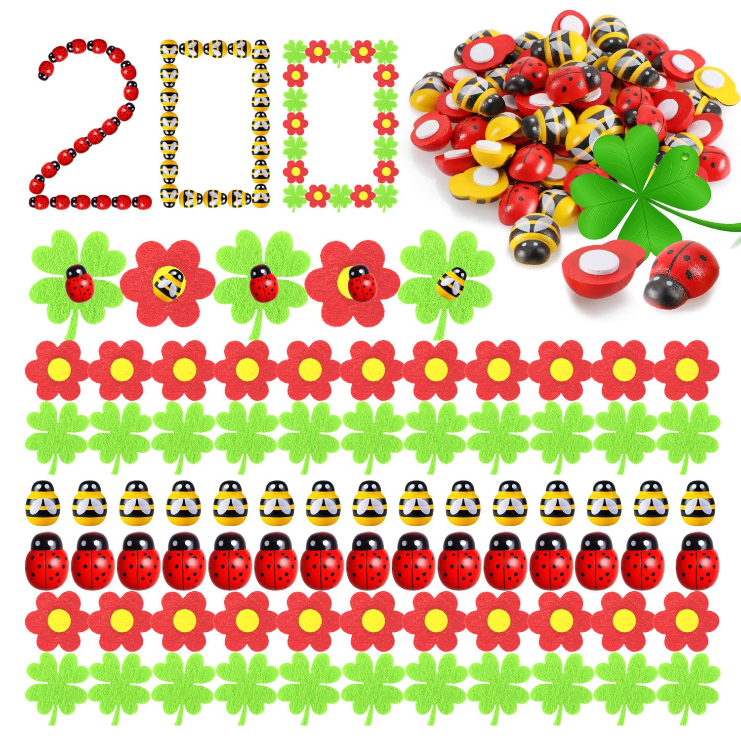 200 Piezas 18 x 25 mm Decorativas Mariquitas de Madera 9 x 13 mm Mini Abejas Abejita Chiquitita Autoadhesivas Abeja de Madera Trébol de Cuatro Hojas Fieltro Flores para DIY Manualidades Fiesta Deco