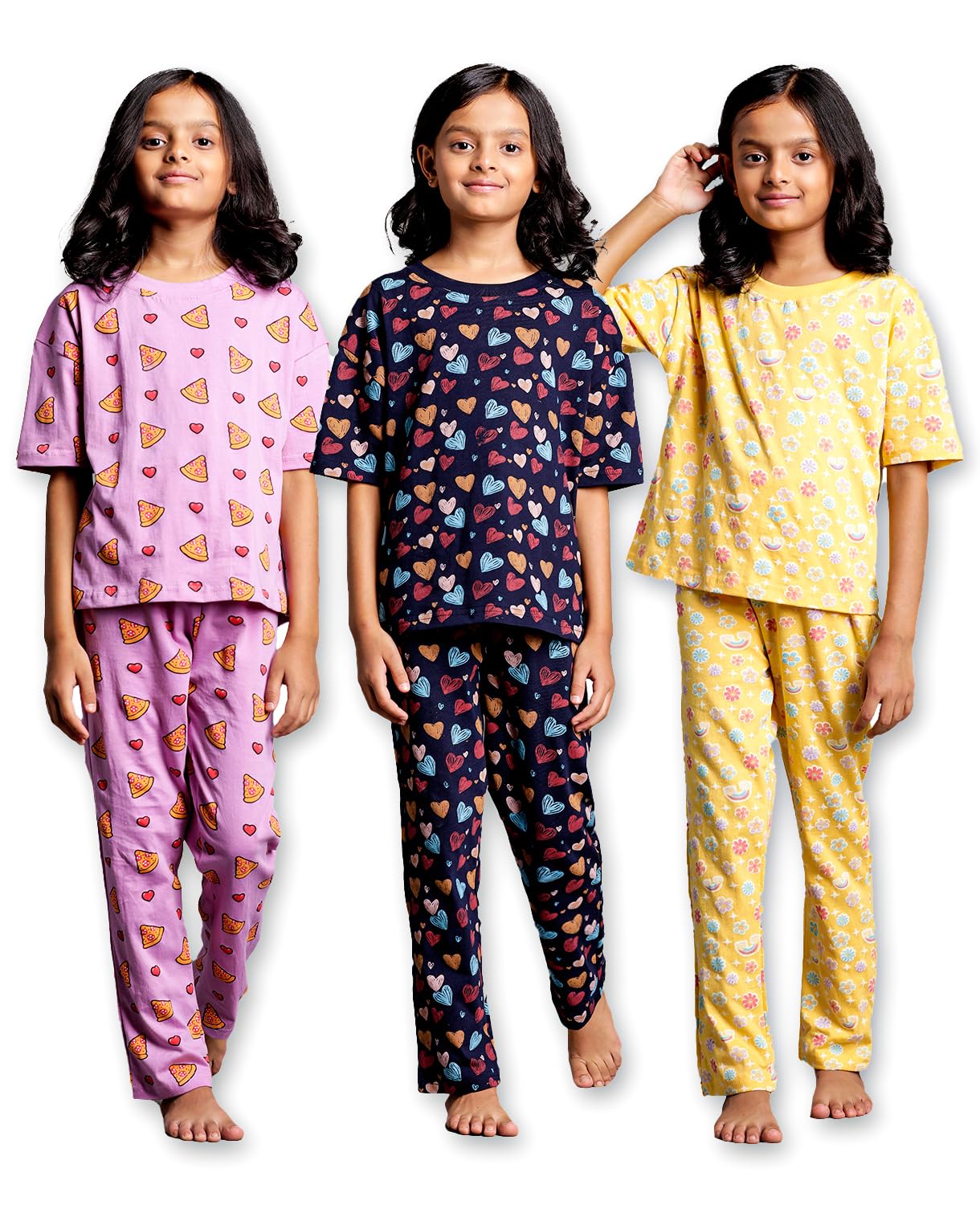 T2F Girls Cotton Printed Pajama Set (Pack of 3)