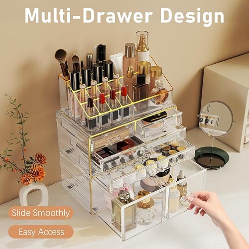 Miniatura 6 de Delamu Organizador de maquillaje de 3 cajones con 6 cajones, organizador de encimera de baño para tocador, cuidado de la piel, perfume,