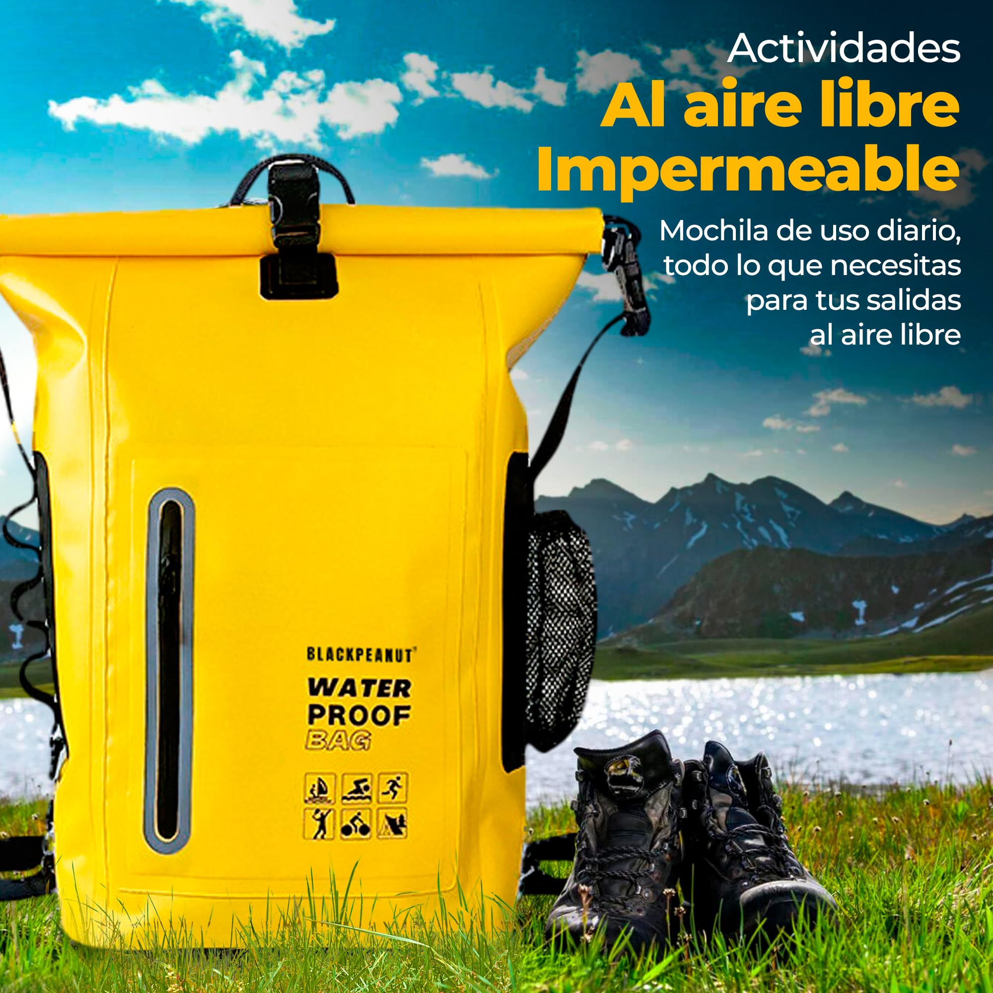 Mochila Estanca 25L Negro Bolsa Seca Impermeable Kayak Playa | Bolsillo exterior para botella, tirantes acolchados, dry bag ligero, pesca, paddle surf, camping y senderismo